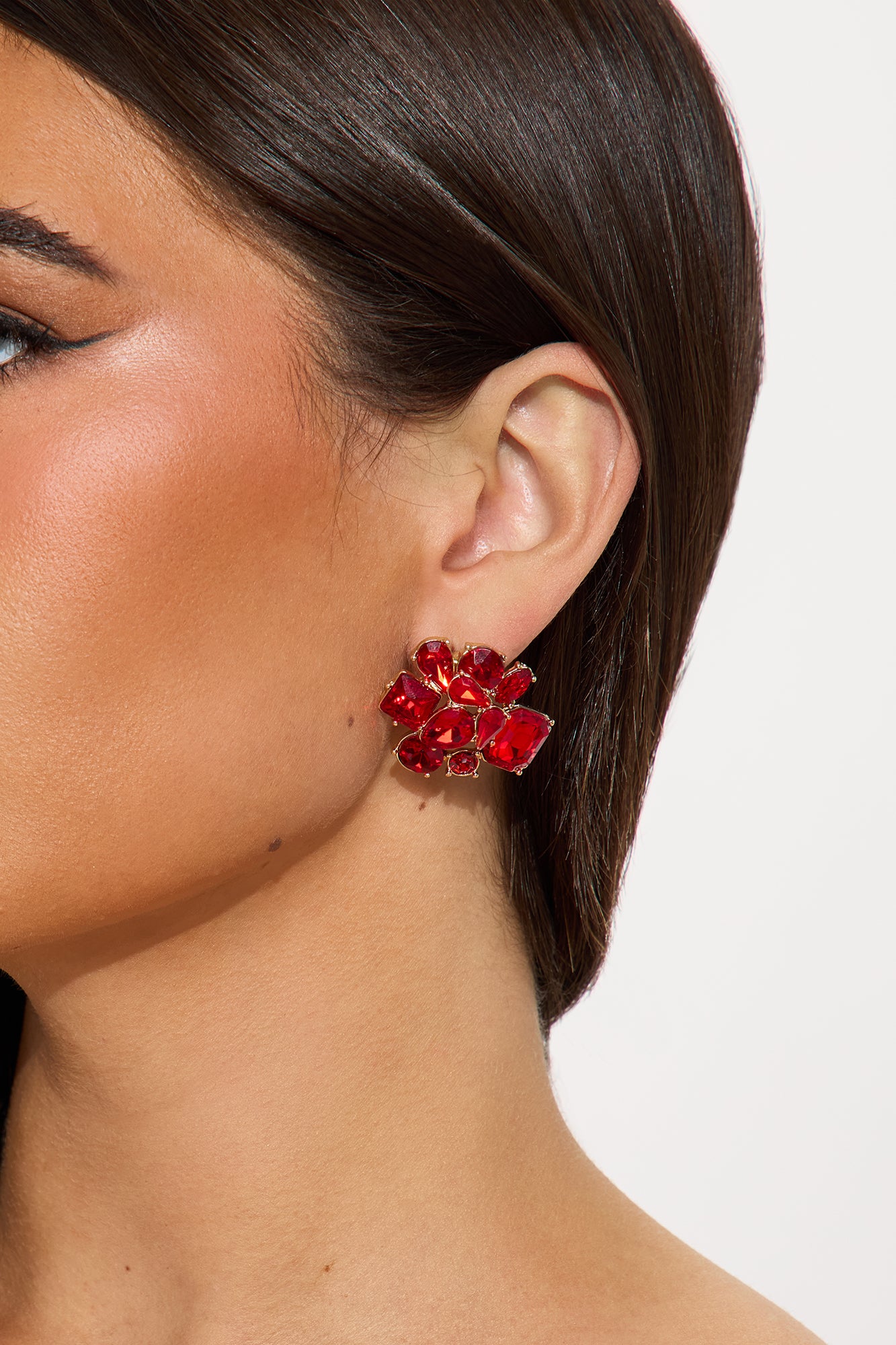Rhinestone Cluster Stud Earrings - Gold/Red