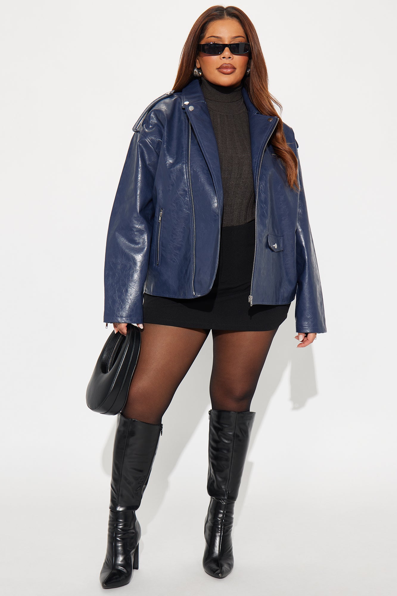 Higher Frequency Faux Leather Moto Jacket - Midnight Blue