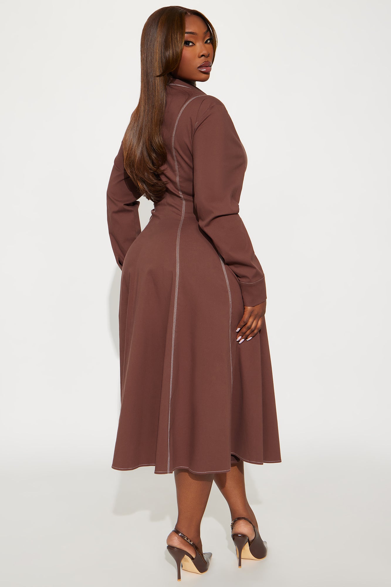Prim Collared Long Sleeve Midi Dress - Chocolate