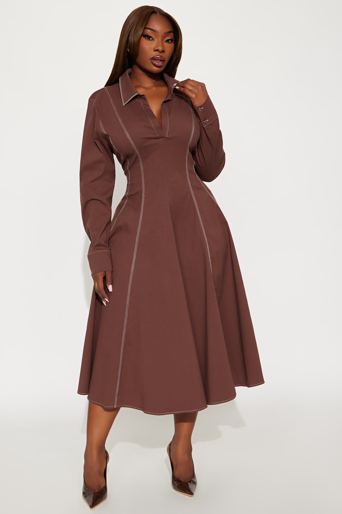 Prim Collared Long Sleeve Midi Dress - Chocolate