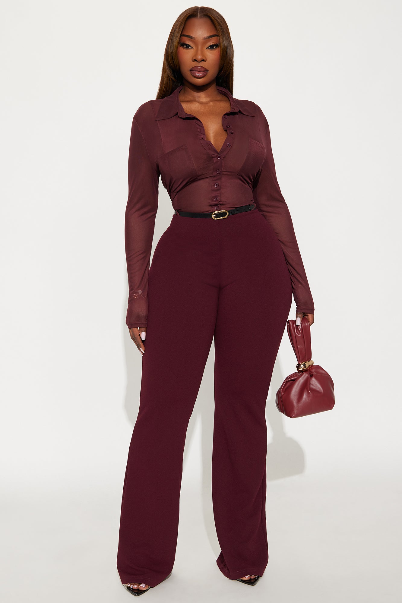 Ava Belted Jumpsuit - Burgundy