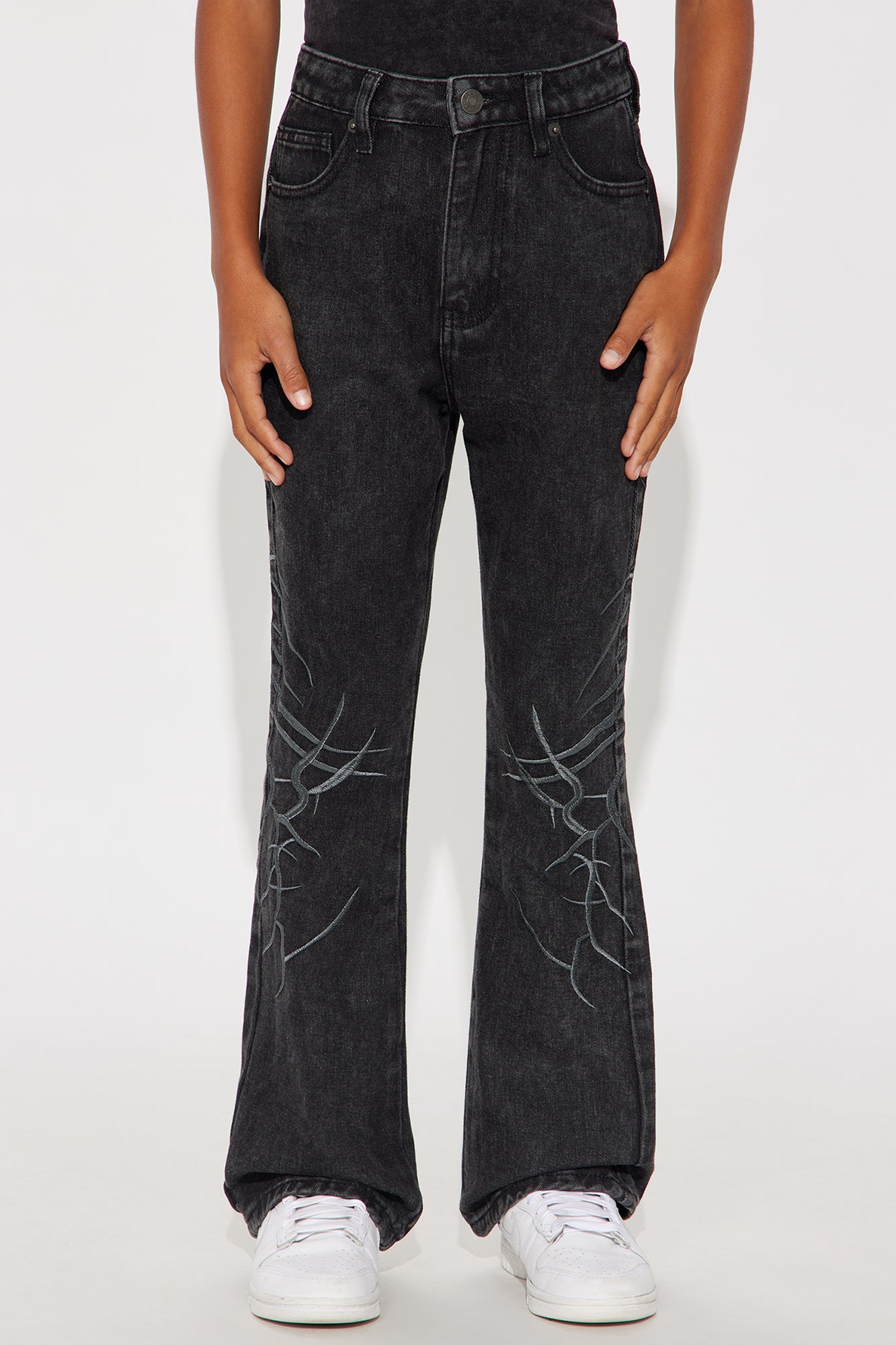 Mini Stacked Slim Flare Thread Bare Embroidered Jean - Black Wash