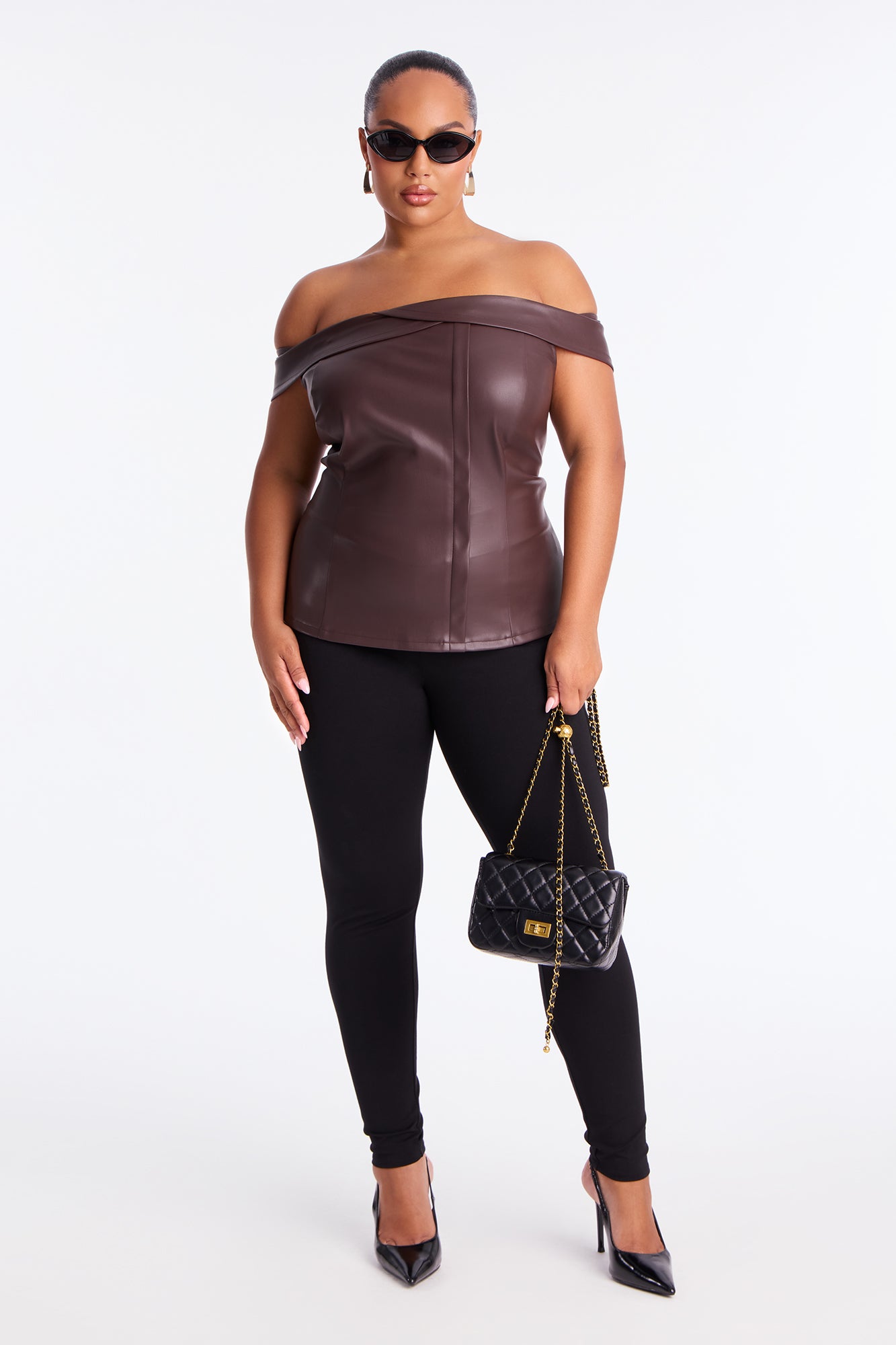 Street Chic Faux Leather Off Shoulder Top - Brown