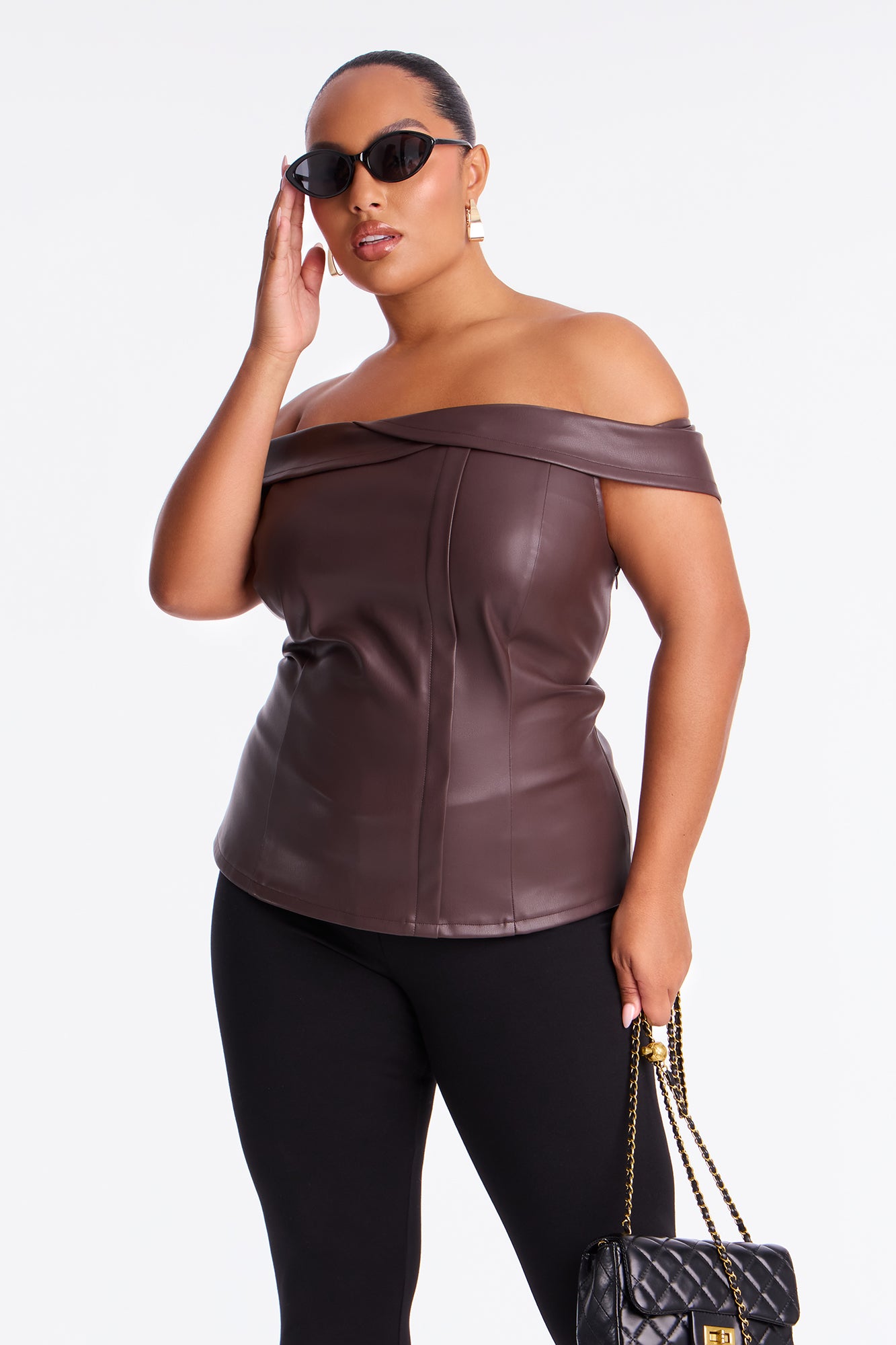 Street Chic Faux Leather Off Shoulder Top - Brown