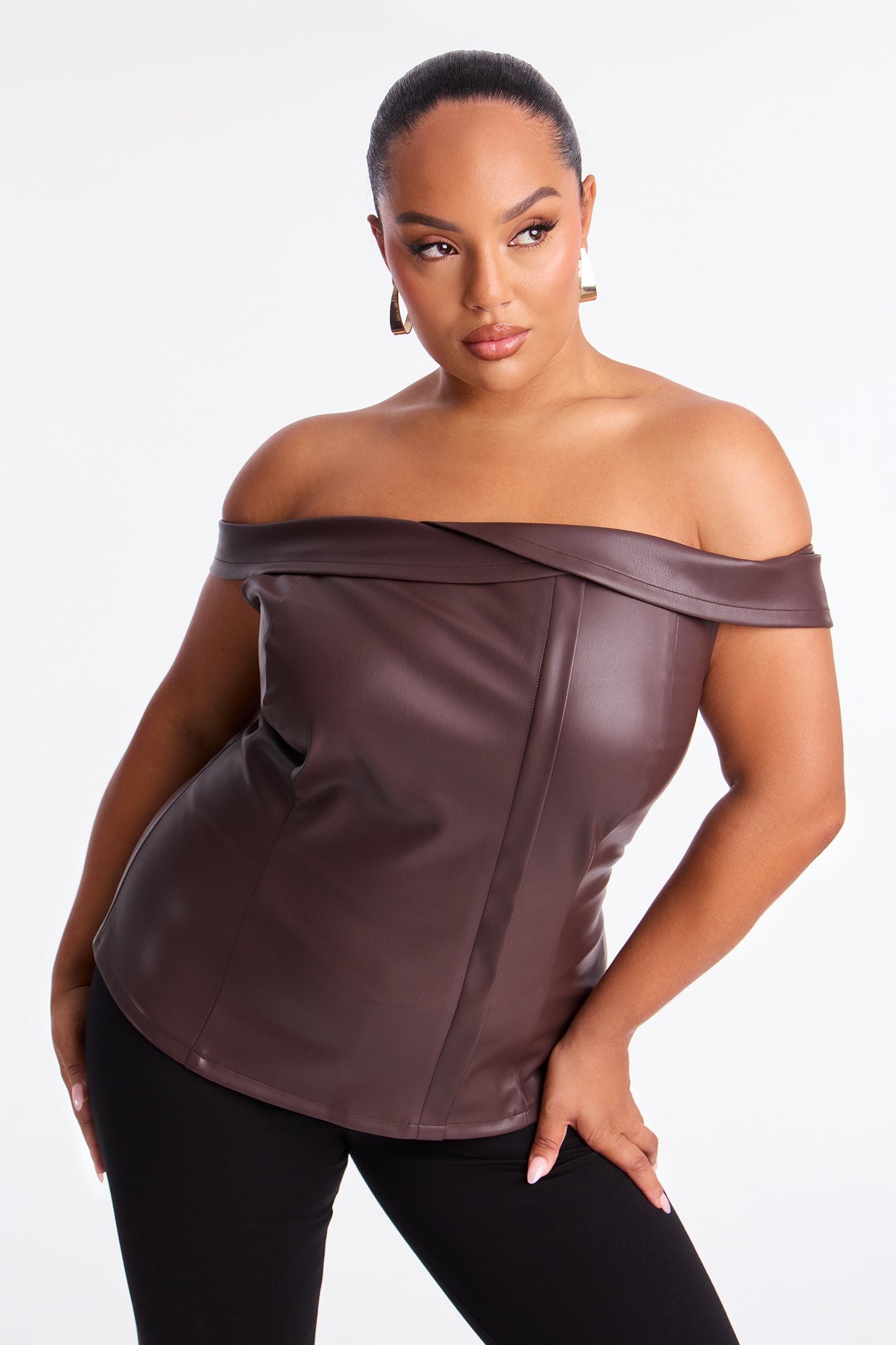 Street Chic Faux Leather Off Shoulder Top - Brown
