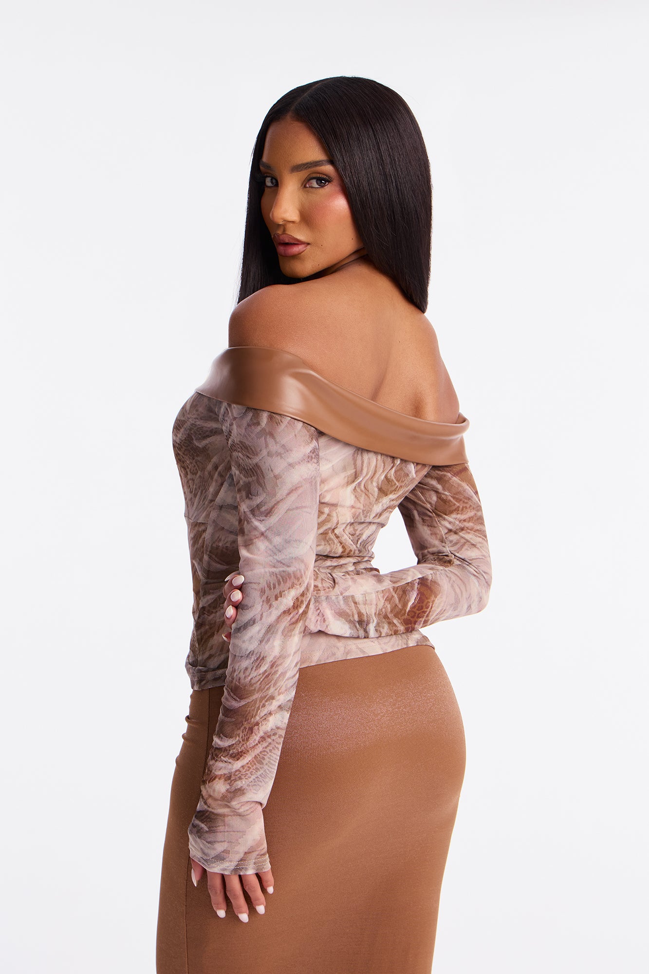 Lowri Mesh Off Shoulder Top - Brown/combo