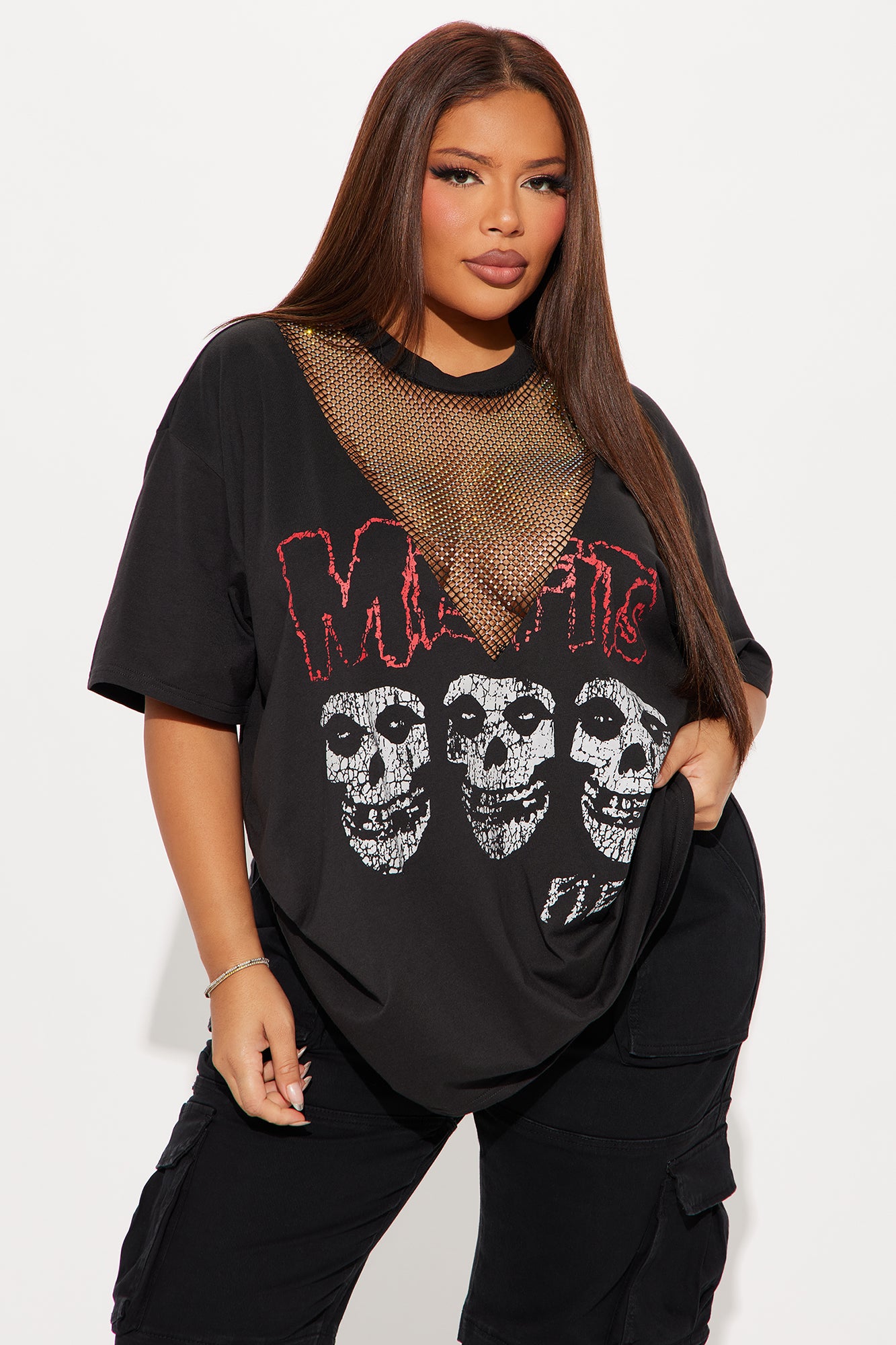 MISFITS Skulls Rhinestone Tee - Charcoal