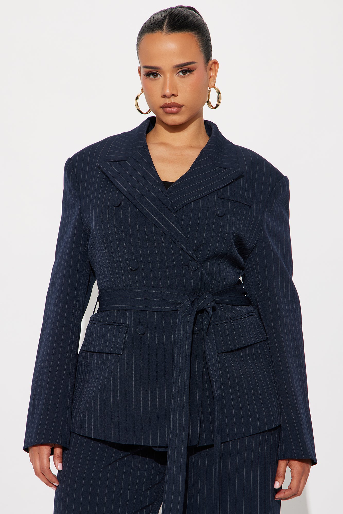 Focus Forward Belted Pinstripe Blazer - Navy/combo