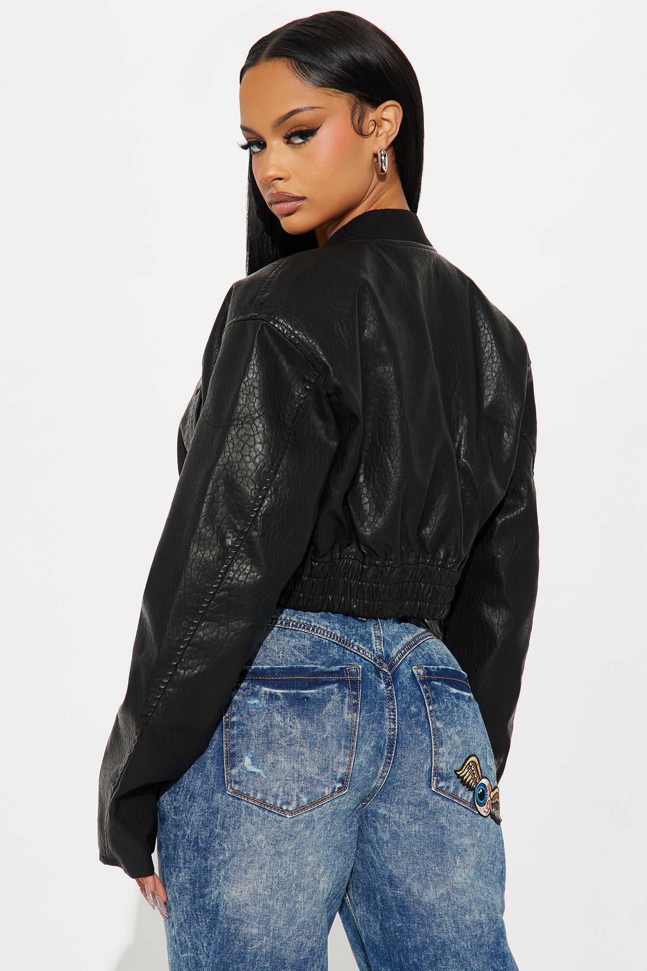 Hailey Cropped Washed Faux Leather Bomber Jacket - Black
