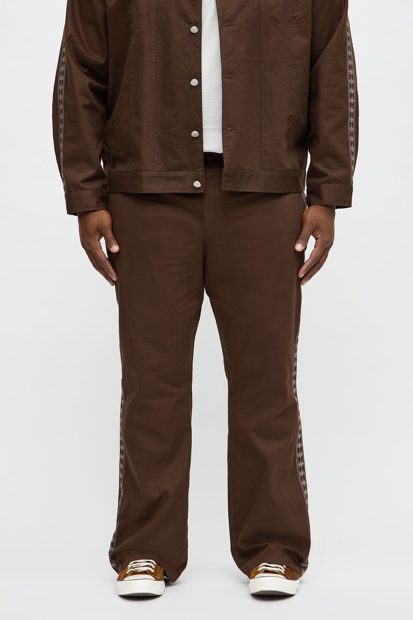 Stacked Slim Flare On A Loop Embroidered Stitch Pant - Brown