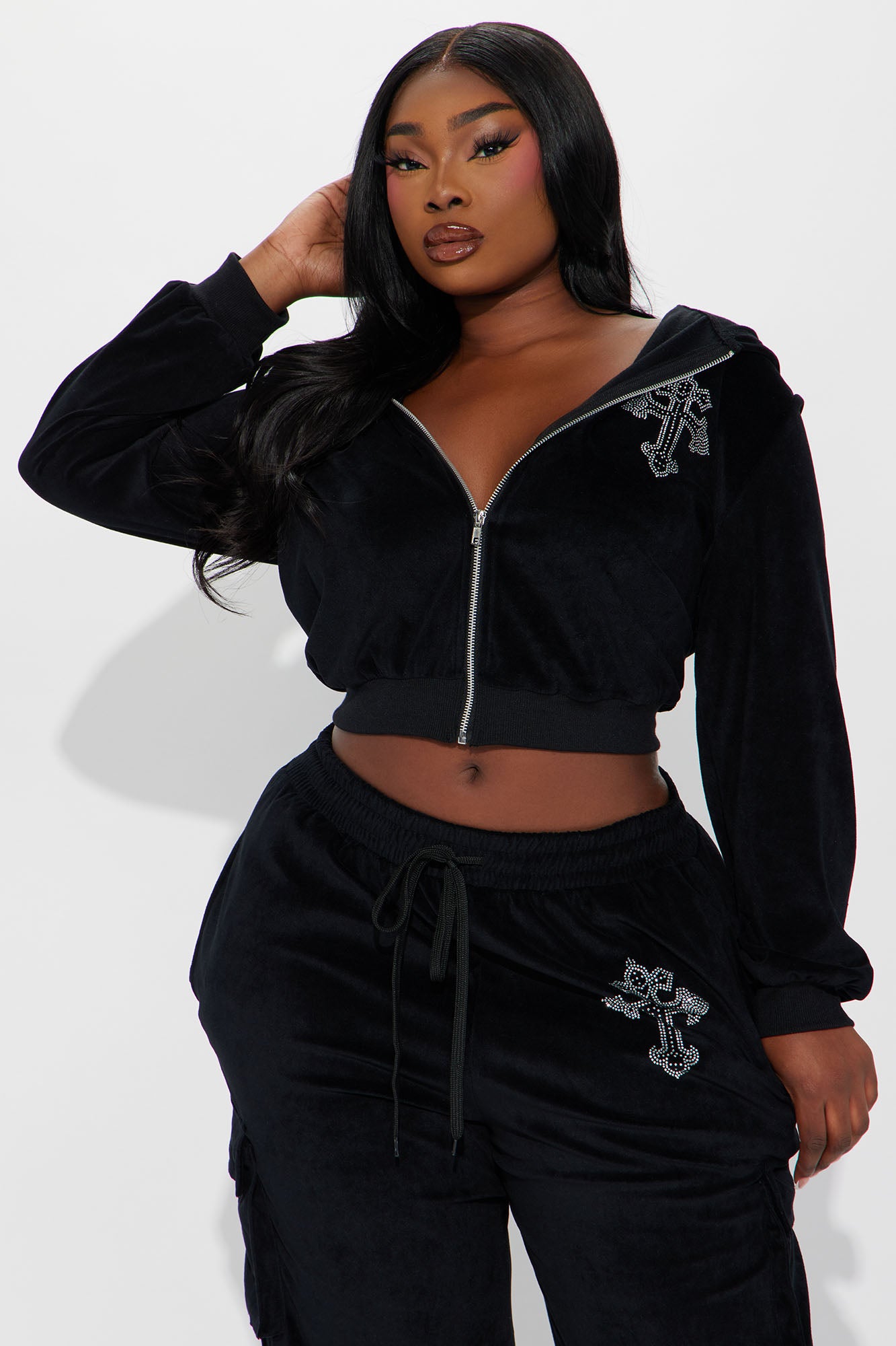 Saint Rhinestone Velour Pant Set - Black