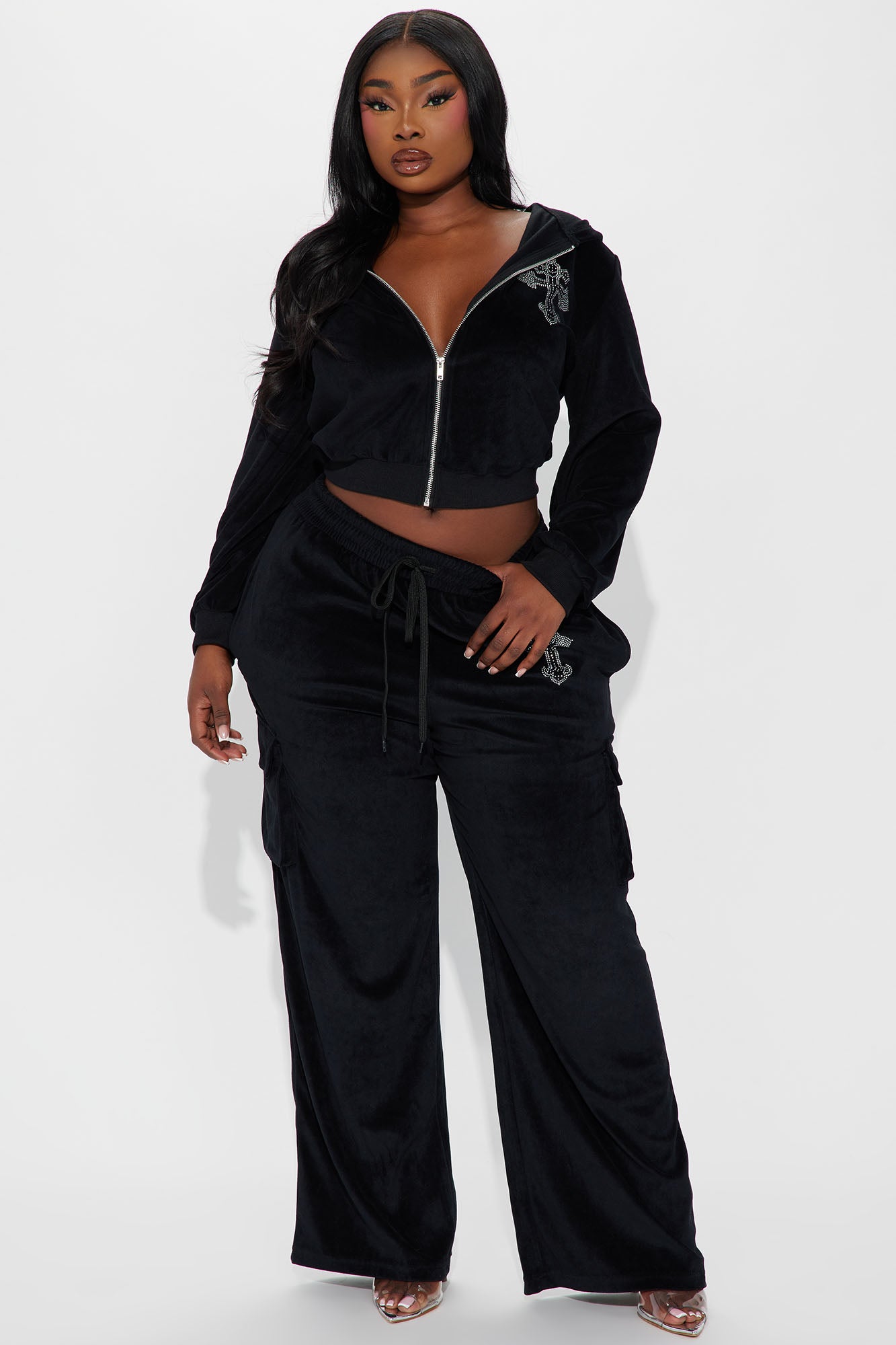 Saint Rhinestone Velour Pant Set - Black
