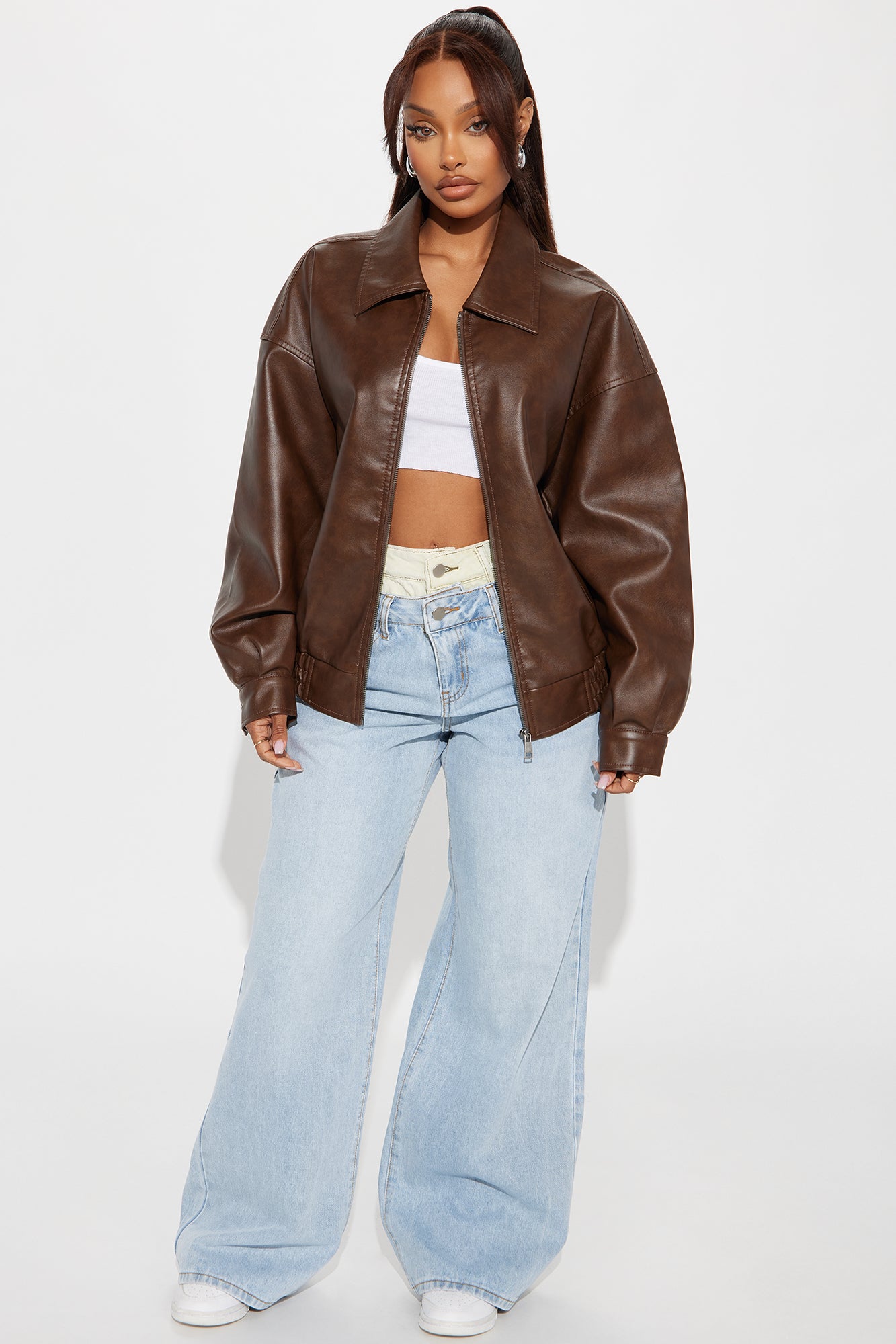 Hustle Mode Oversized Faux Leather Jacket - Chocolate