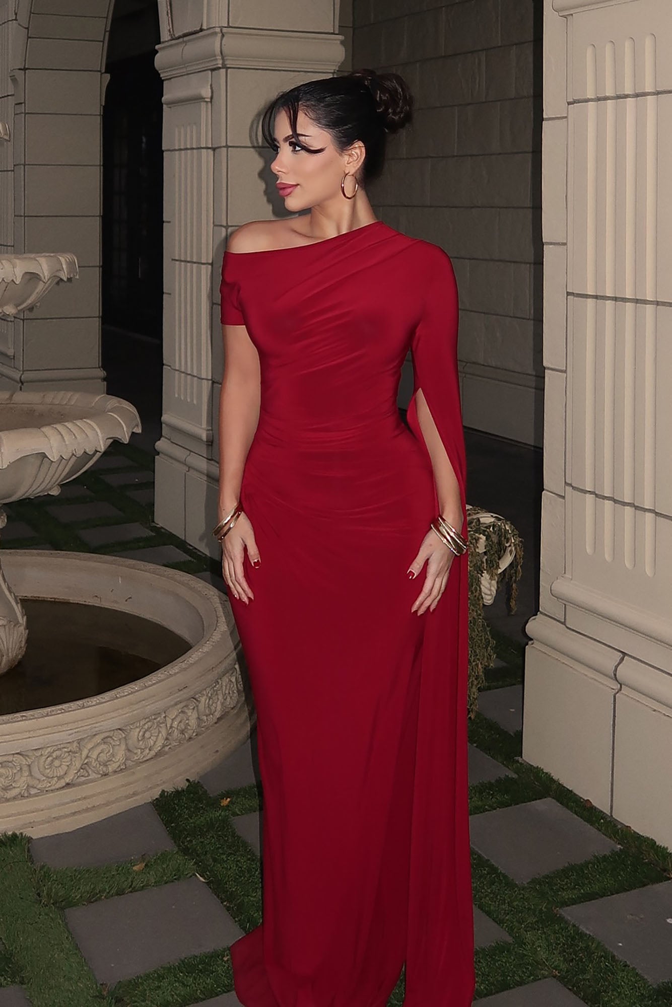 After Thought Asymmetrical Draped Maxi Dress - Wine