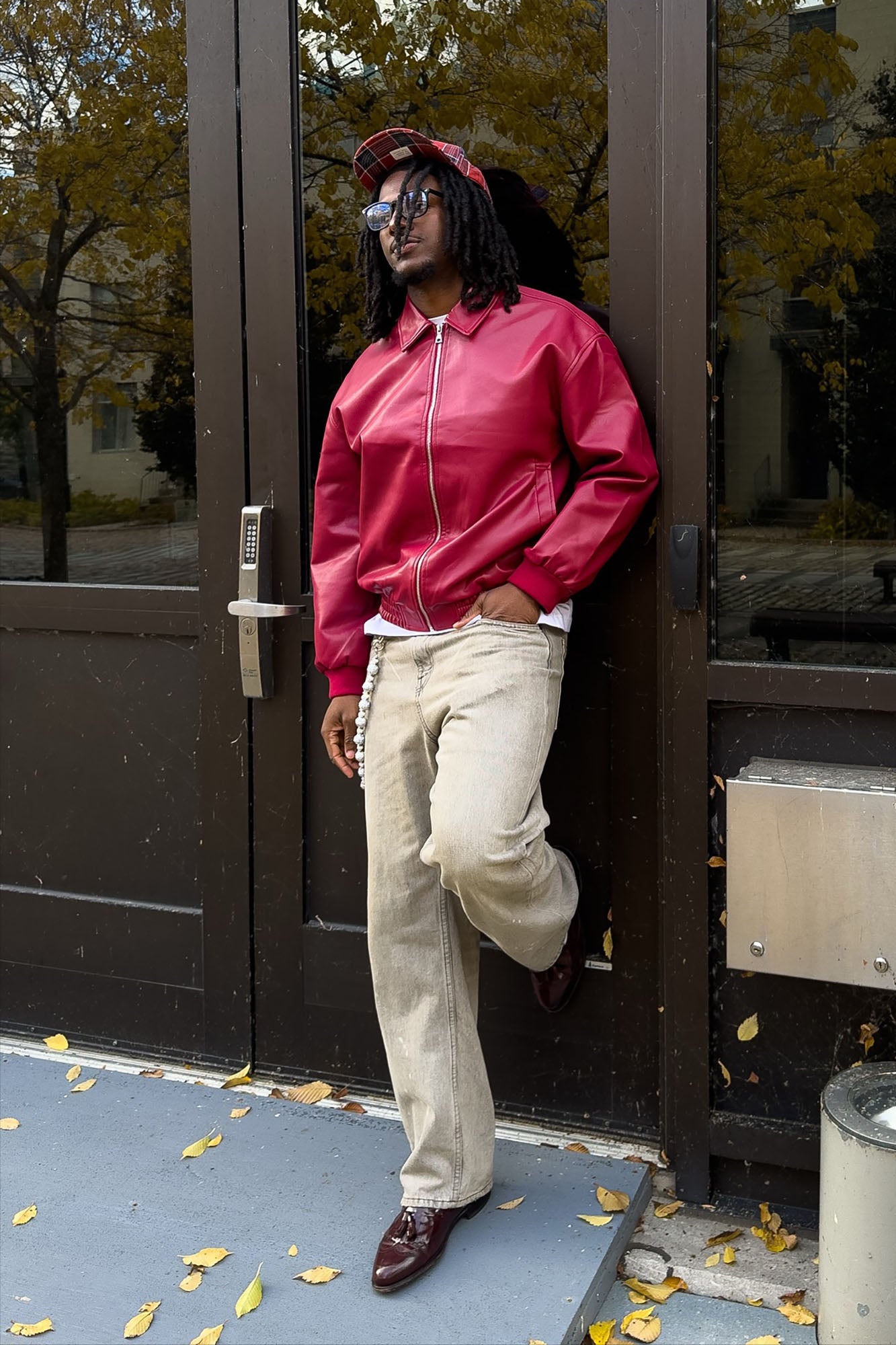 Faux Leather Work Jacket - Red