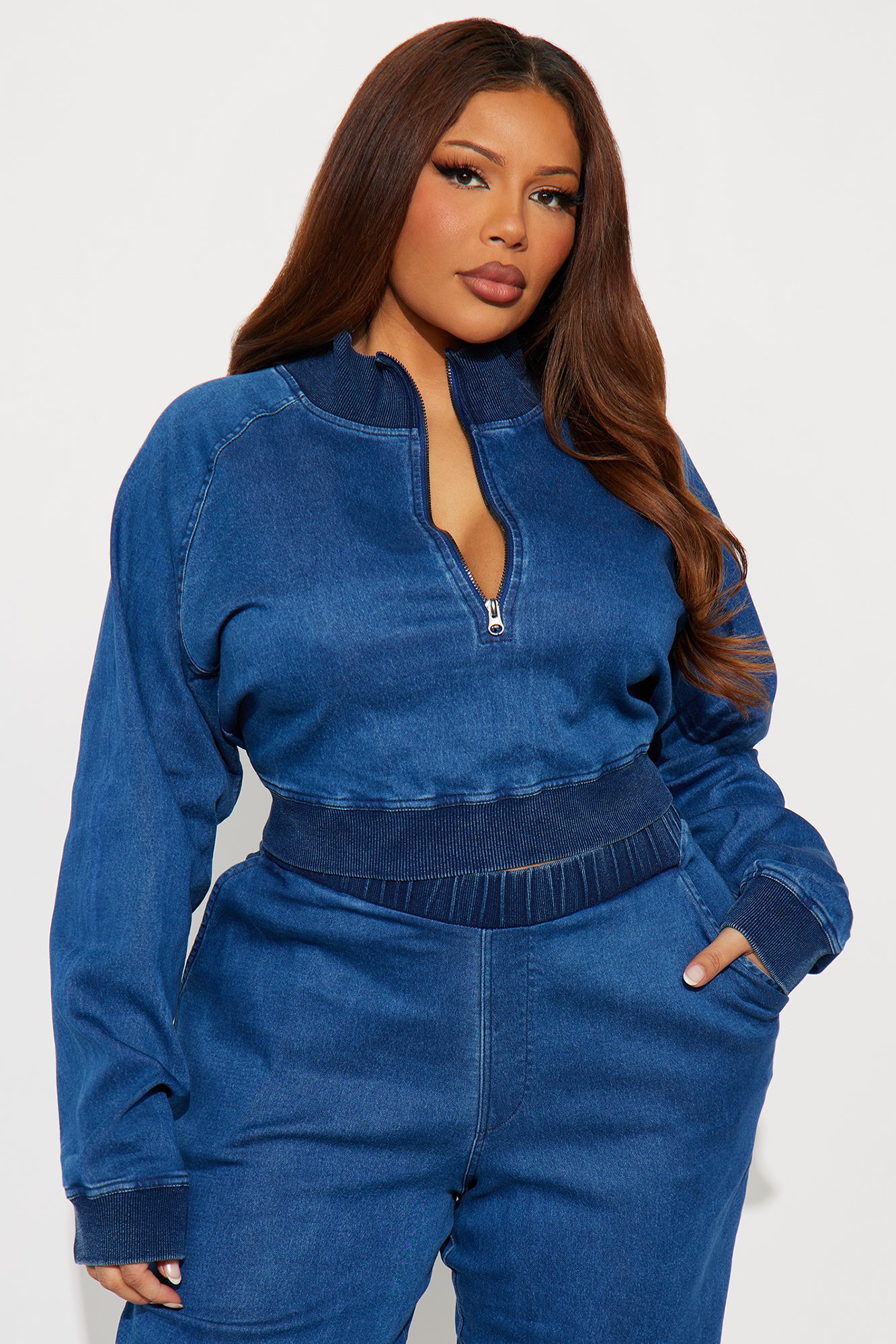 Khloe Knit Denim Pant Set - Medium Wash
