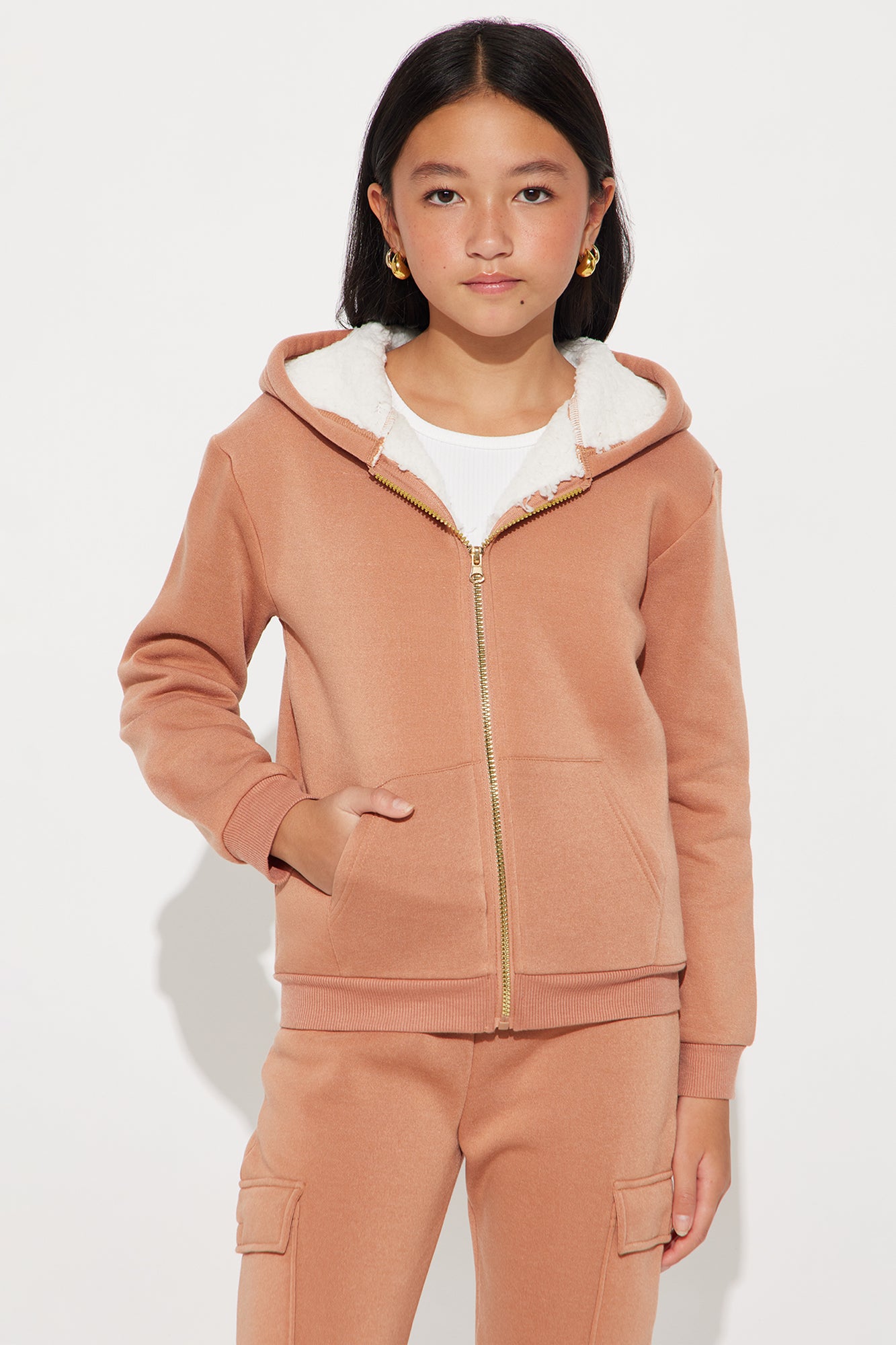 Mini Shayna Sherpa Lined Hoodie And Jogger Pant Set - Mocha