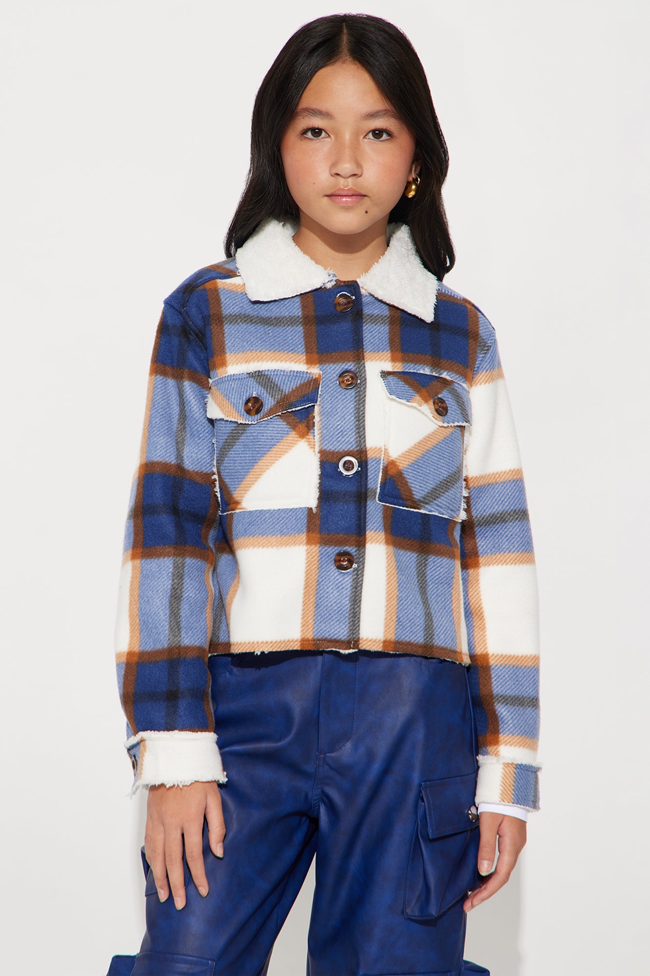 Mini Cozier Than You Plaid Sherpa Jacket - Blue