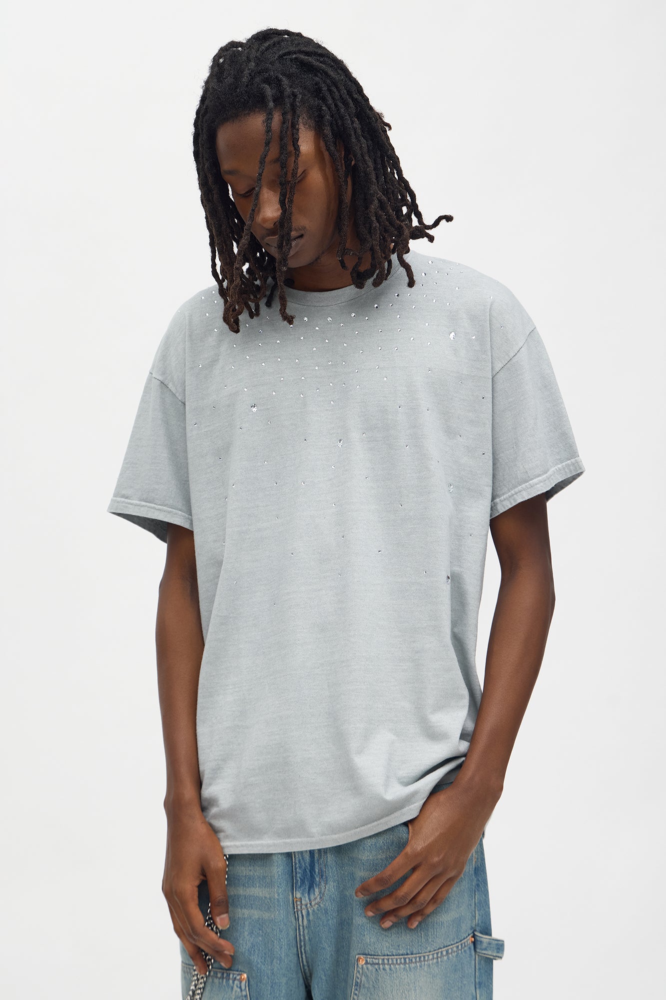 All Of The Lights Rhinestone Pearl Oversized Short Sleeve Tee - Grey