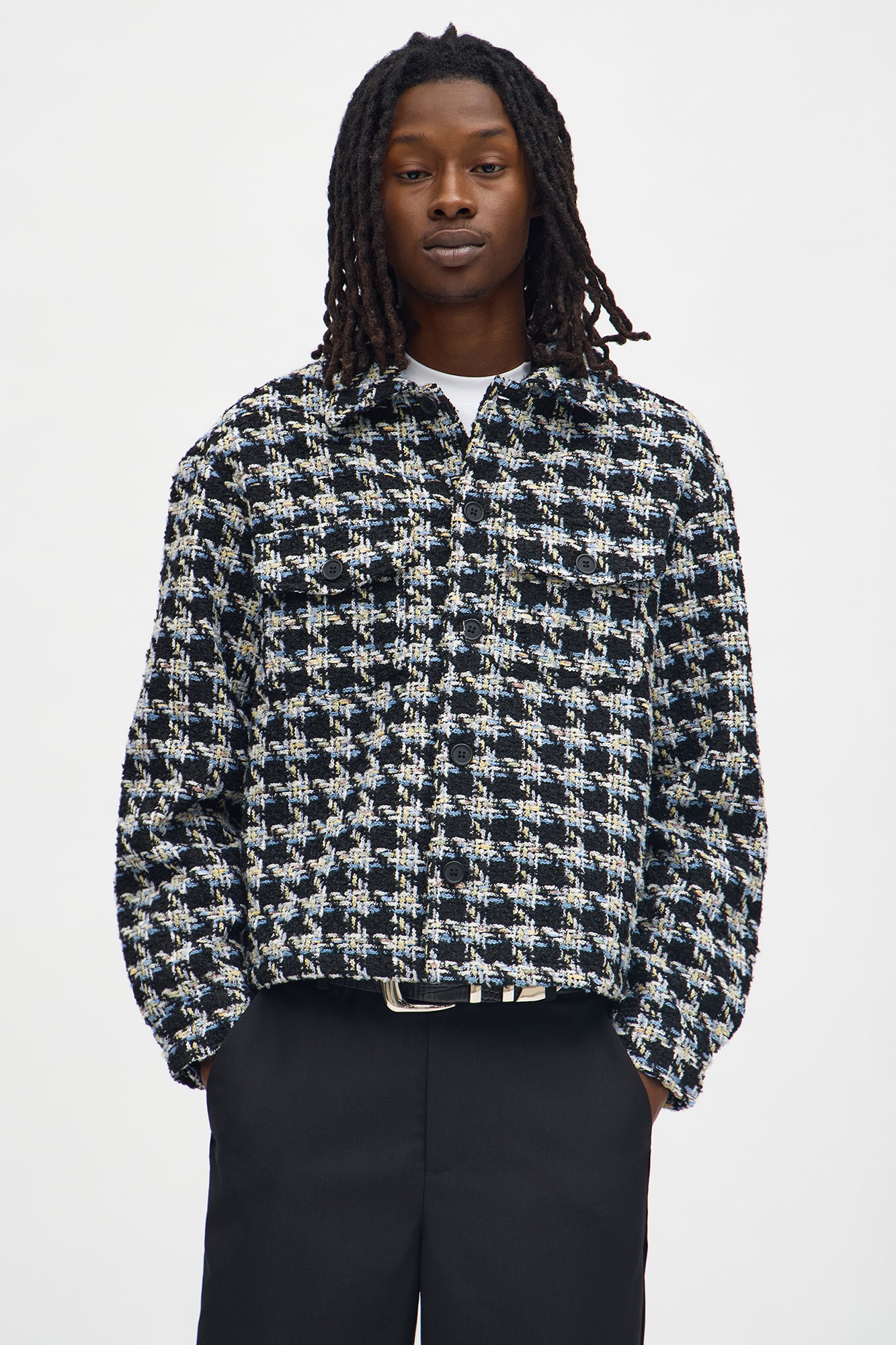 Cropped Textured Boucle Houndstooth Shacket - Black