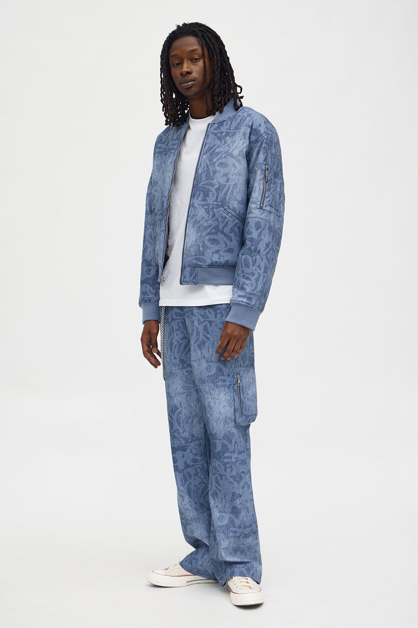 Relaxed Denim Printed Graffiti Faux Leather Bomber Jacket - Blue