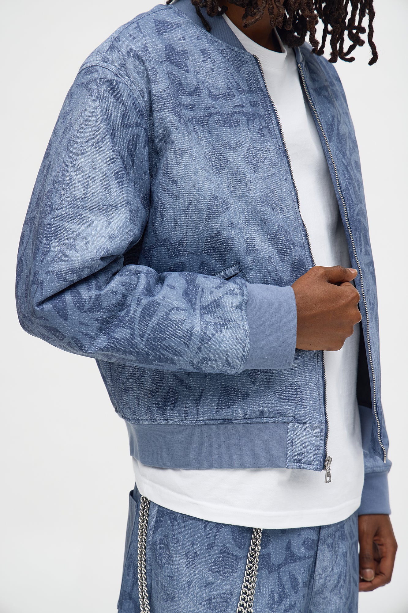 Relaxed Denim Printed Graffiti Faux Leather Bomber Jacket - Blue