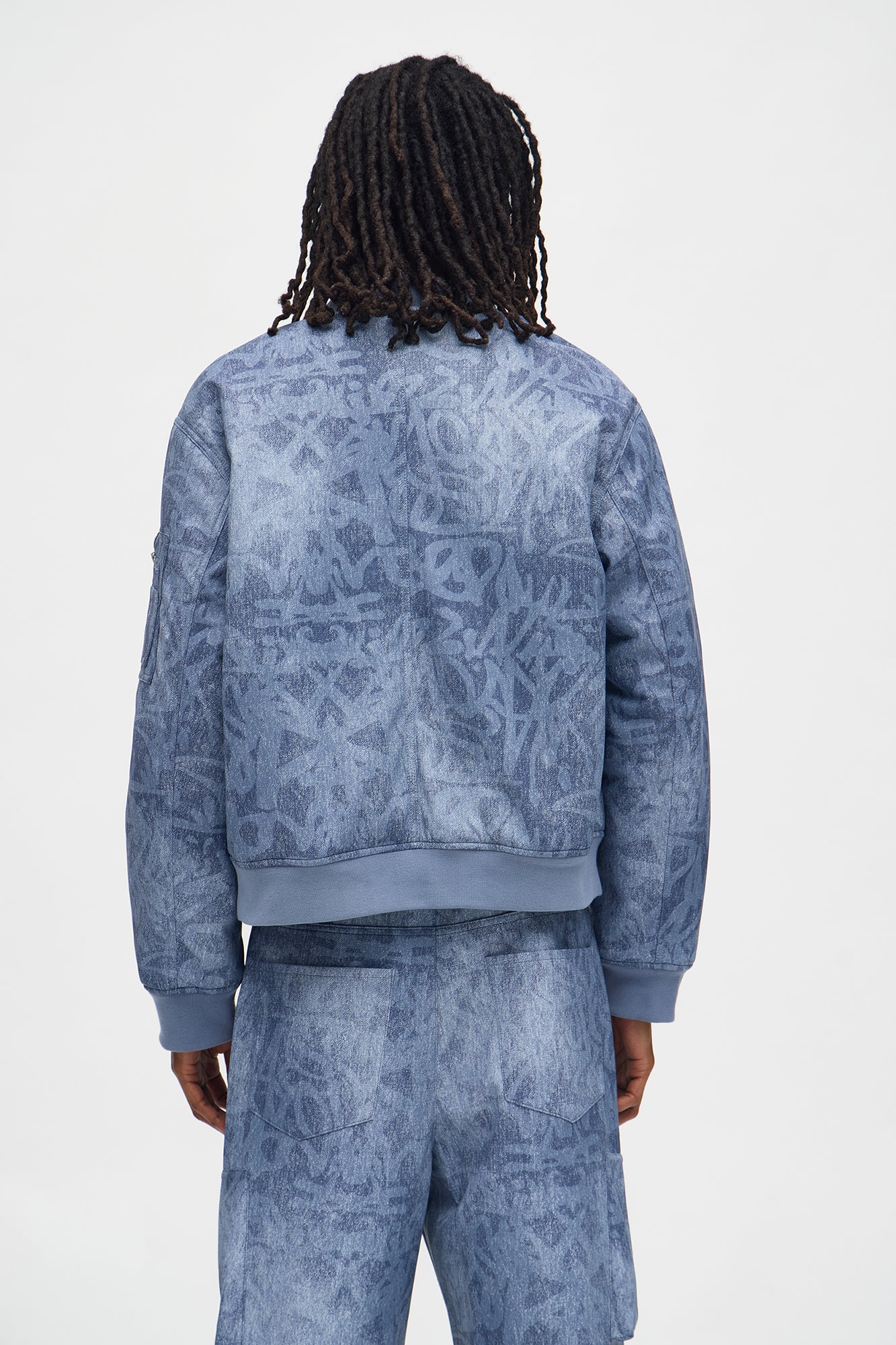 Relaxed Denim Printed Graffiti Faux Leather Bomber Jacket - Blue