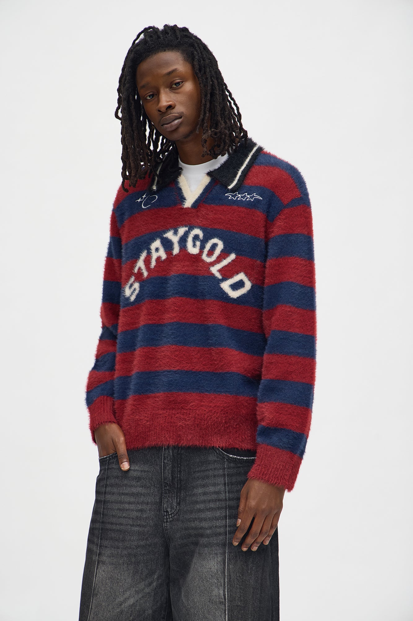 Stay Gold Striped Brushed Sweater - Red