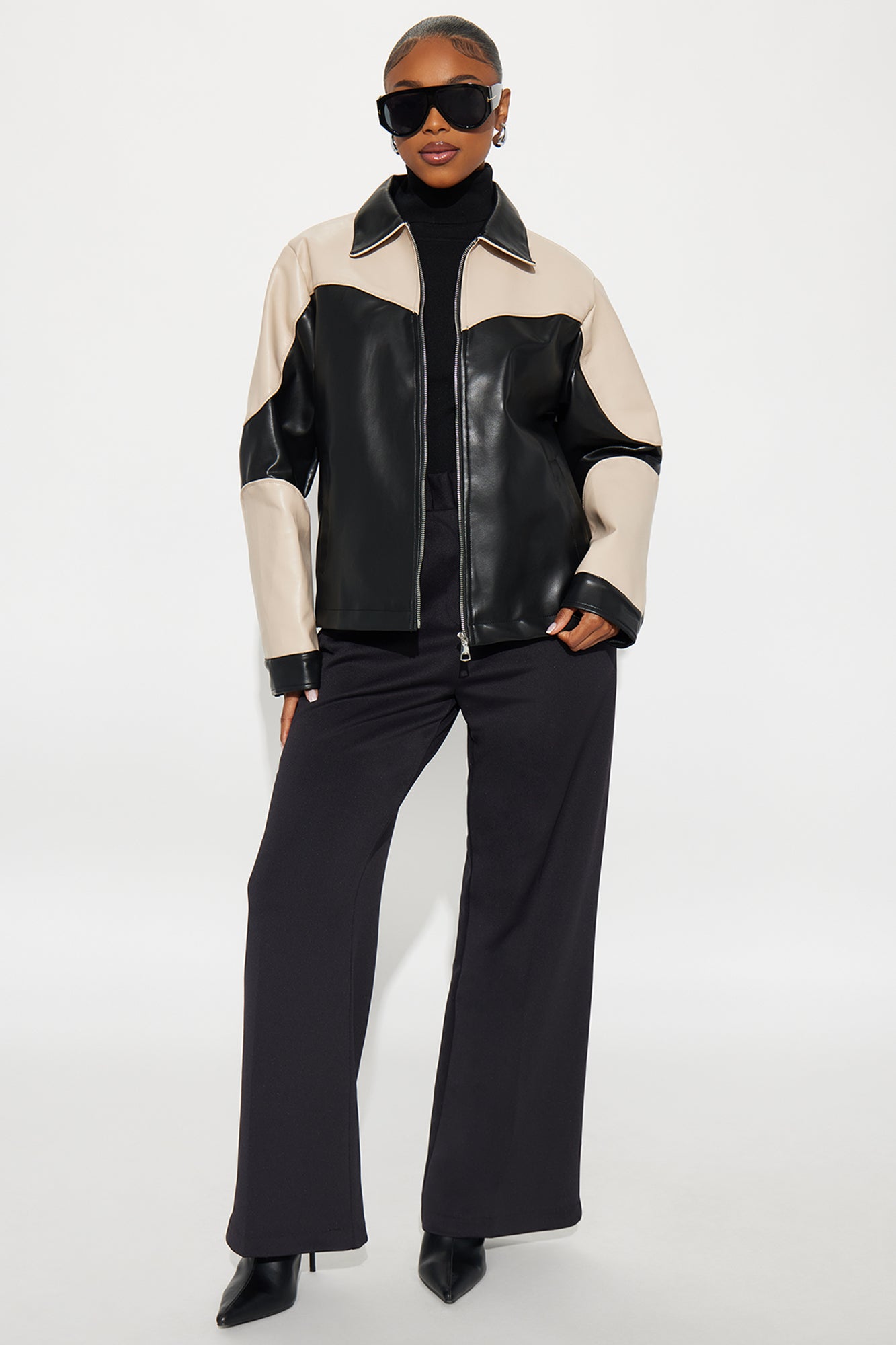 Jackie Oversized Faux Leather Moto Jacket - Taupe/combo