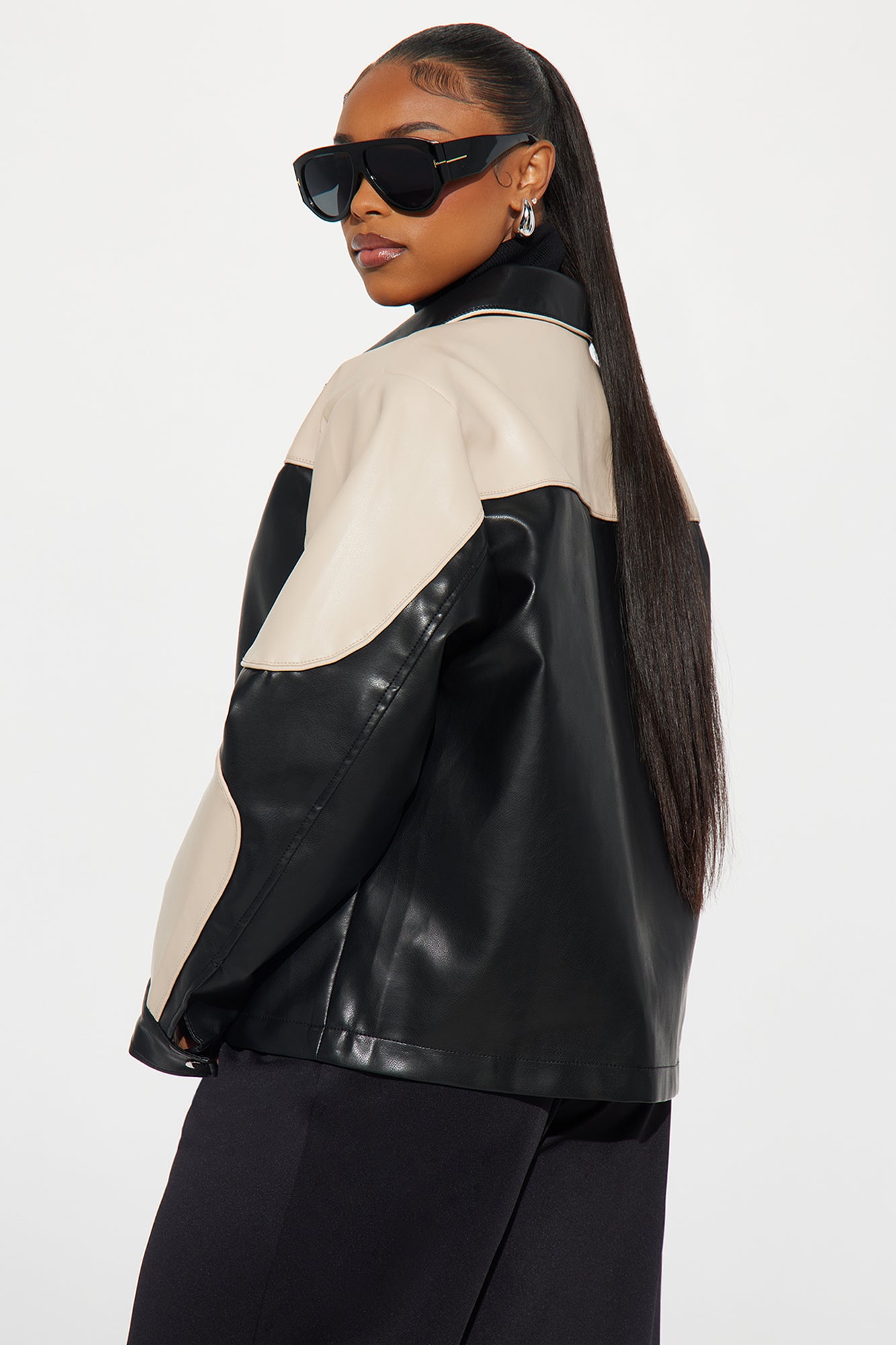 Jackie Oversized Faux Leather Moto Jacket - Taupe/combo