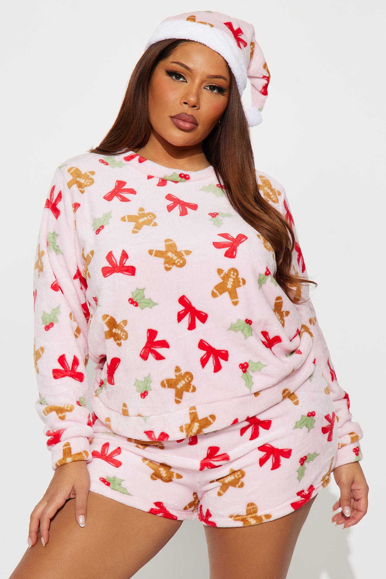 Sweet Gingerbread 3 Piece Plush Crew Neck PJ Short Set - Pink