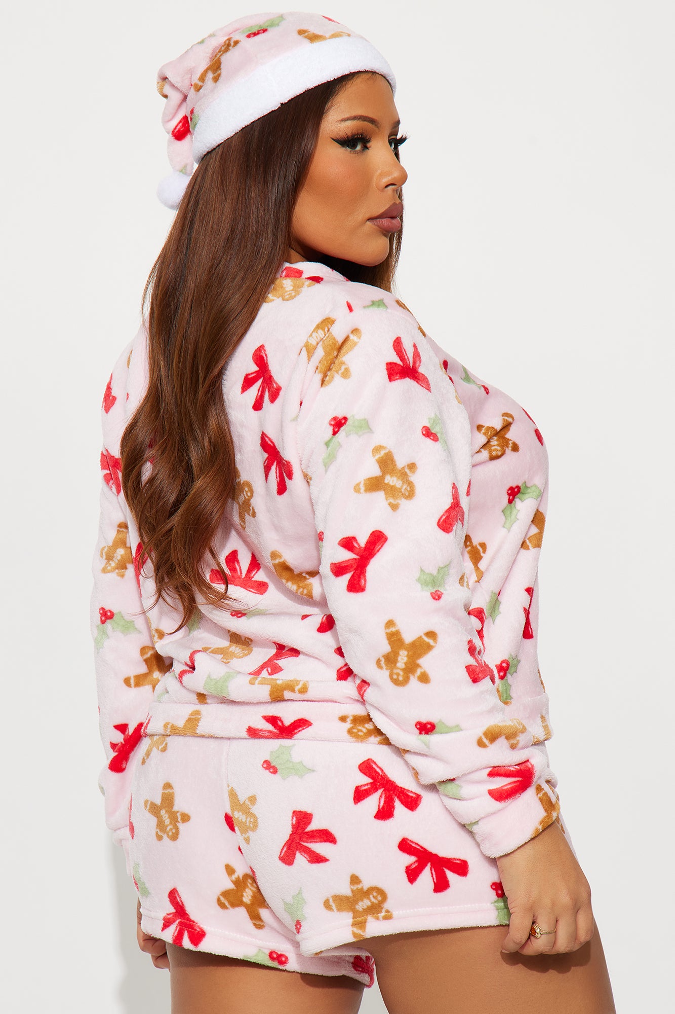 Sweet Gingerbread 3 Piece Plush Crew Neck PJ Short Set - Pink