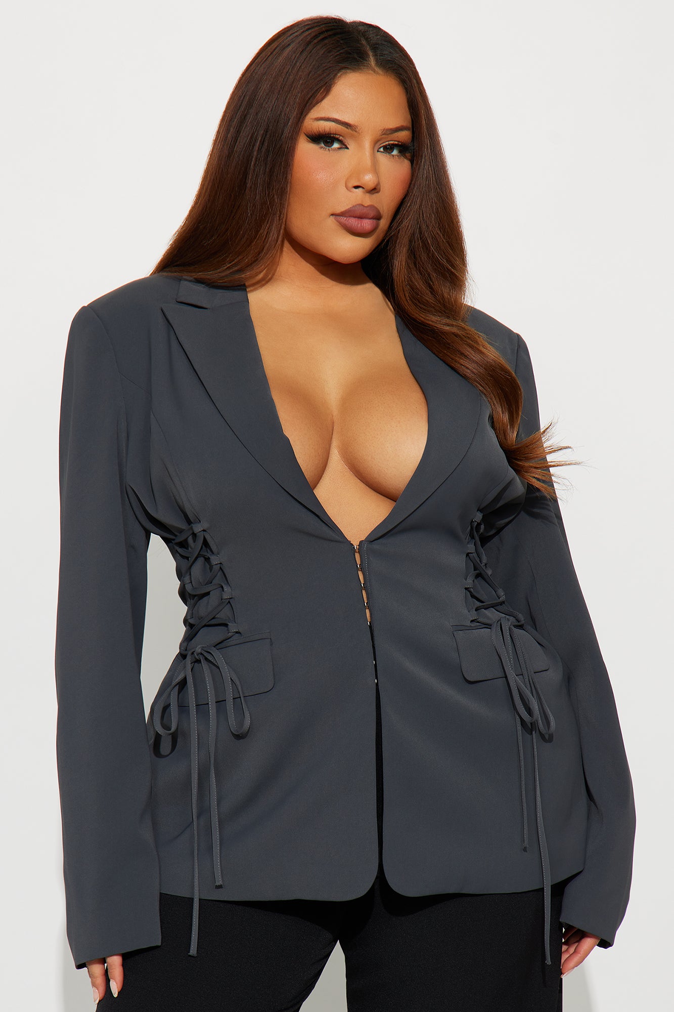 Cheyenne Crepe Woven Lace Up Blazer - Charcoal