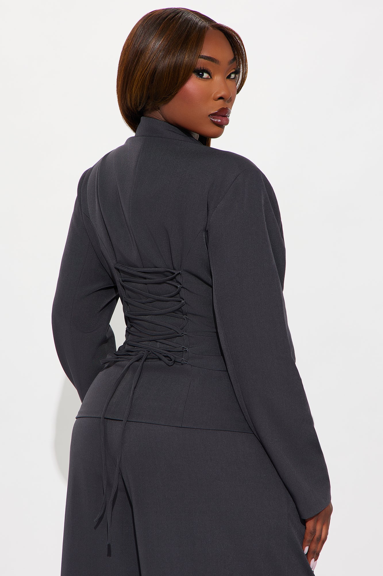 Power Pose Lace Up Fitted Blazer - Charcoal