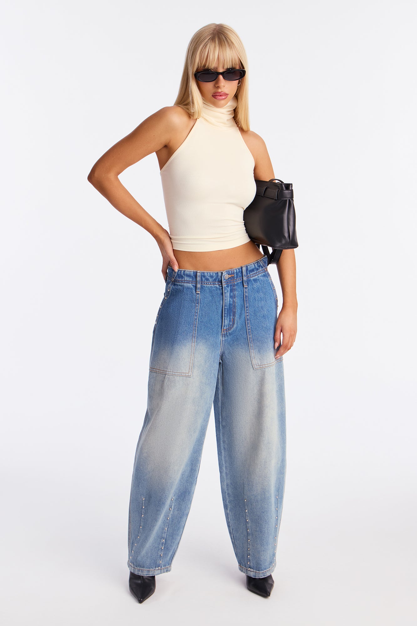 A Little Spark Studded Baggy Jeans - Medium Wash