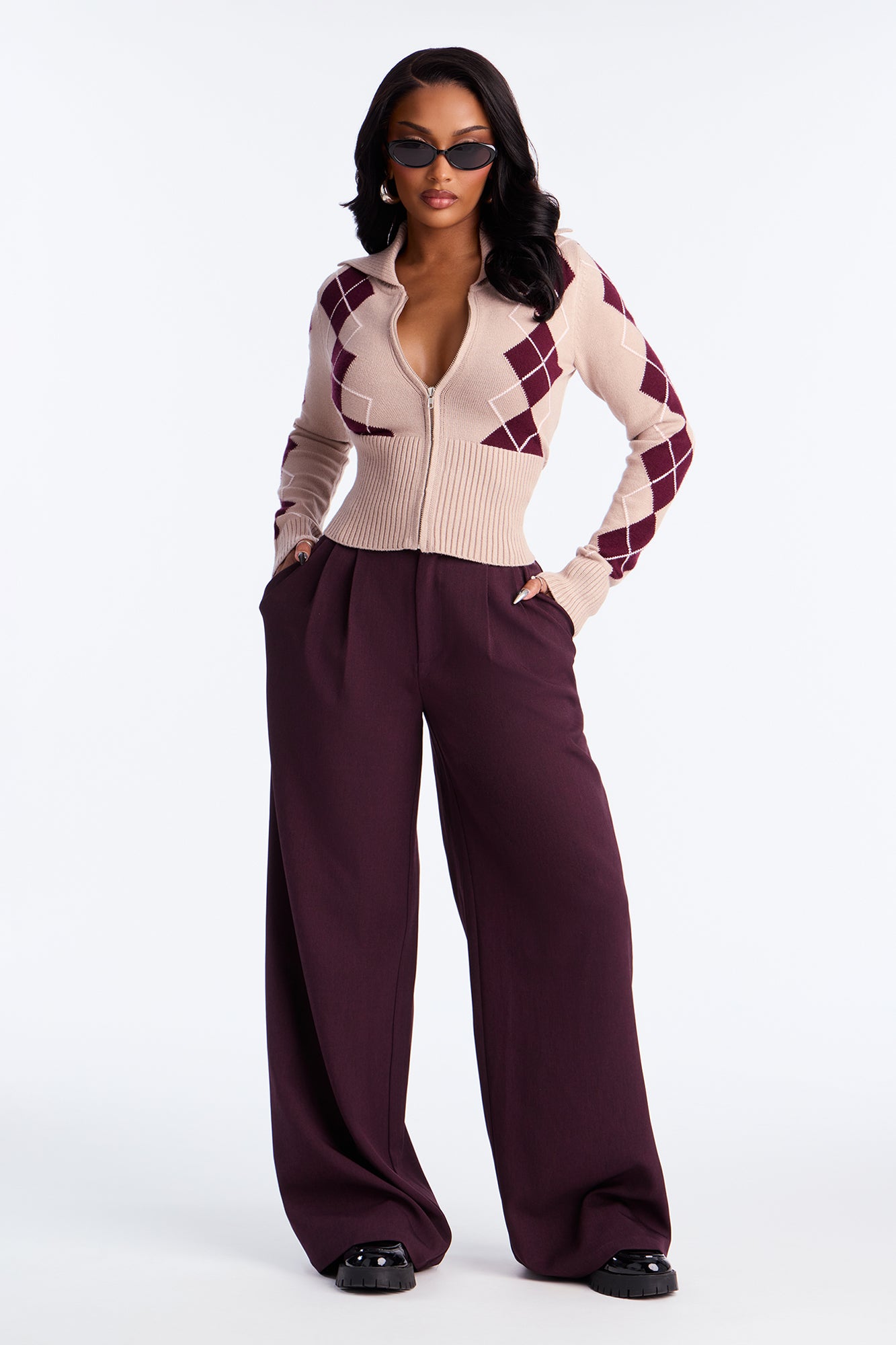 Status Update Front Zip Argyle Cardigan - Oatmeal/combo