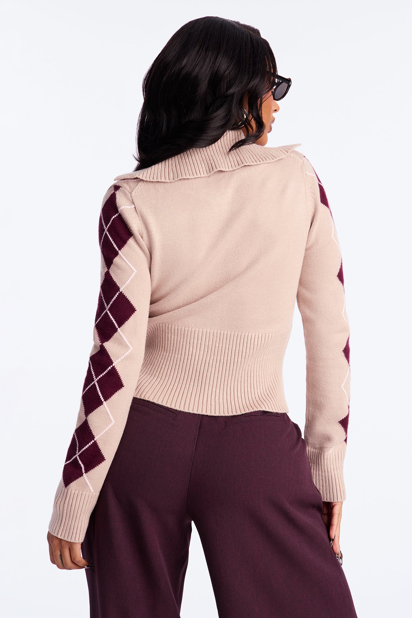 Status Update Front Zip Argyle Cardigan - Oatmeal/combo