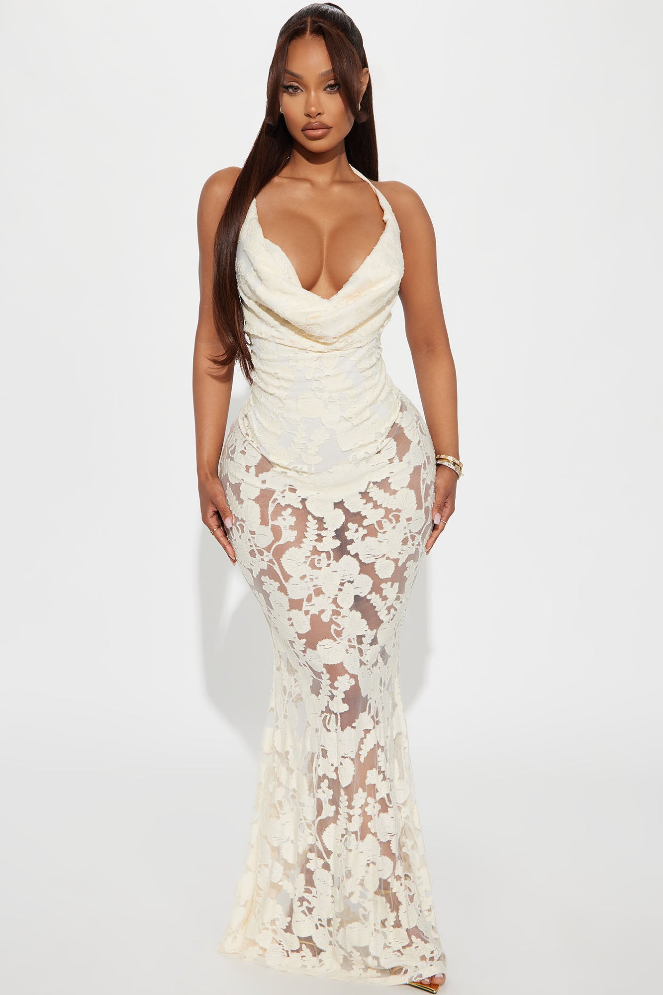 Daisy Mesh Embroidery Maxi Dress - Cream