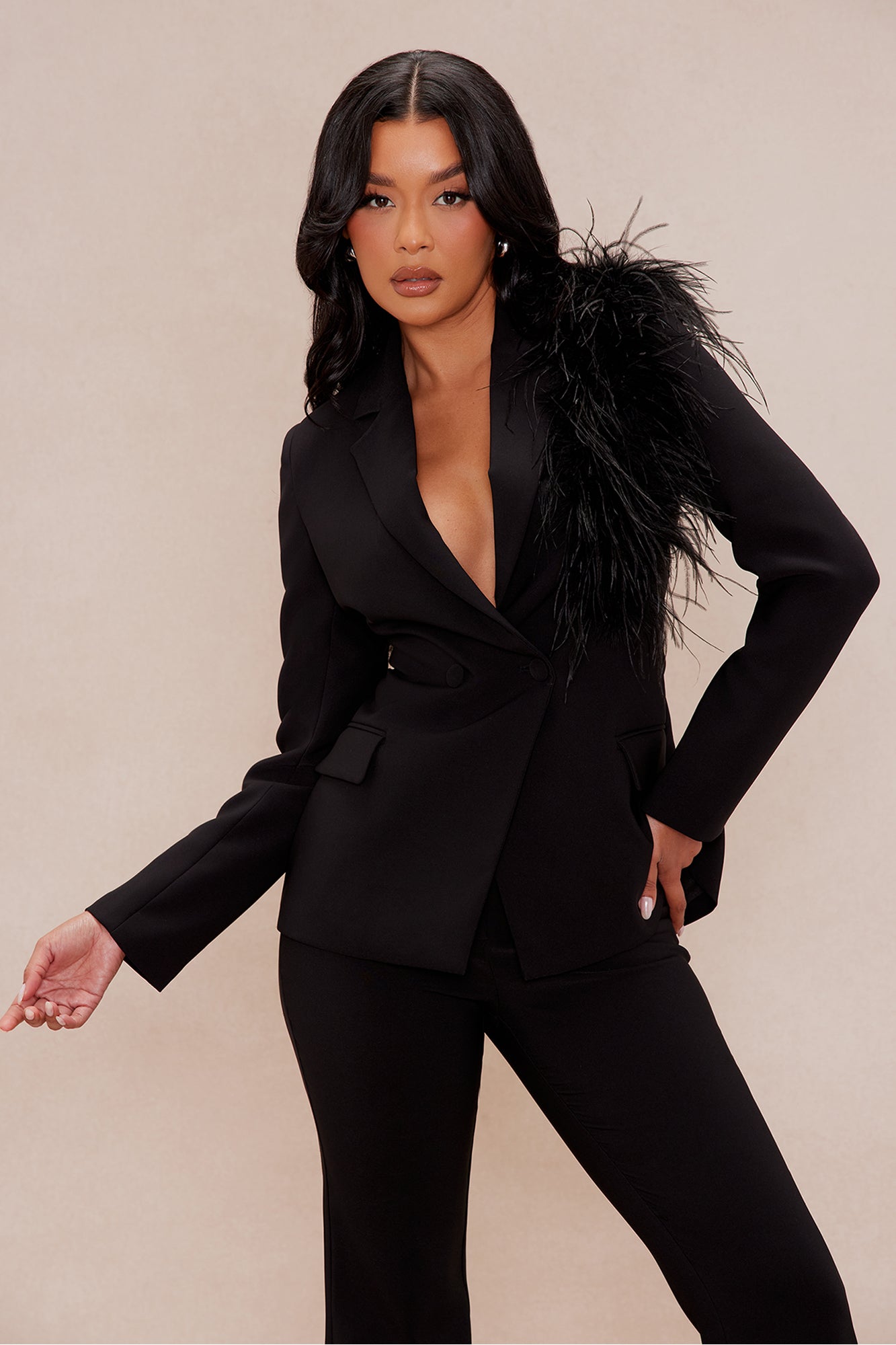 Diana Feather Blazer Suit Set - Black