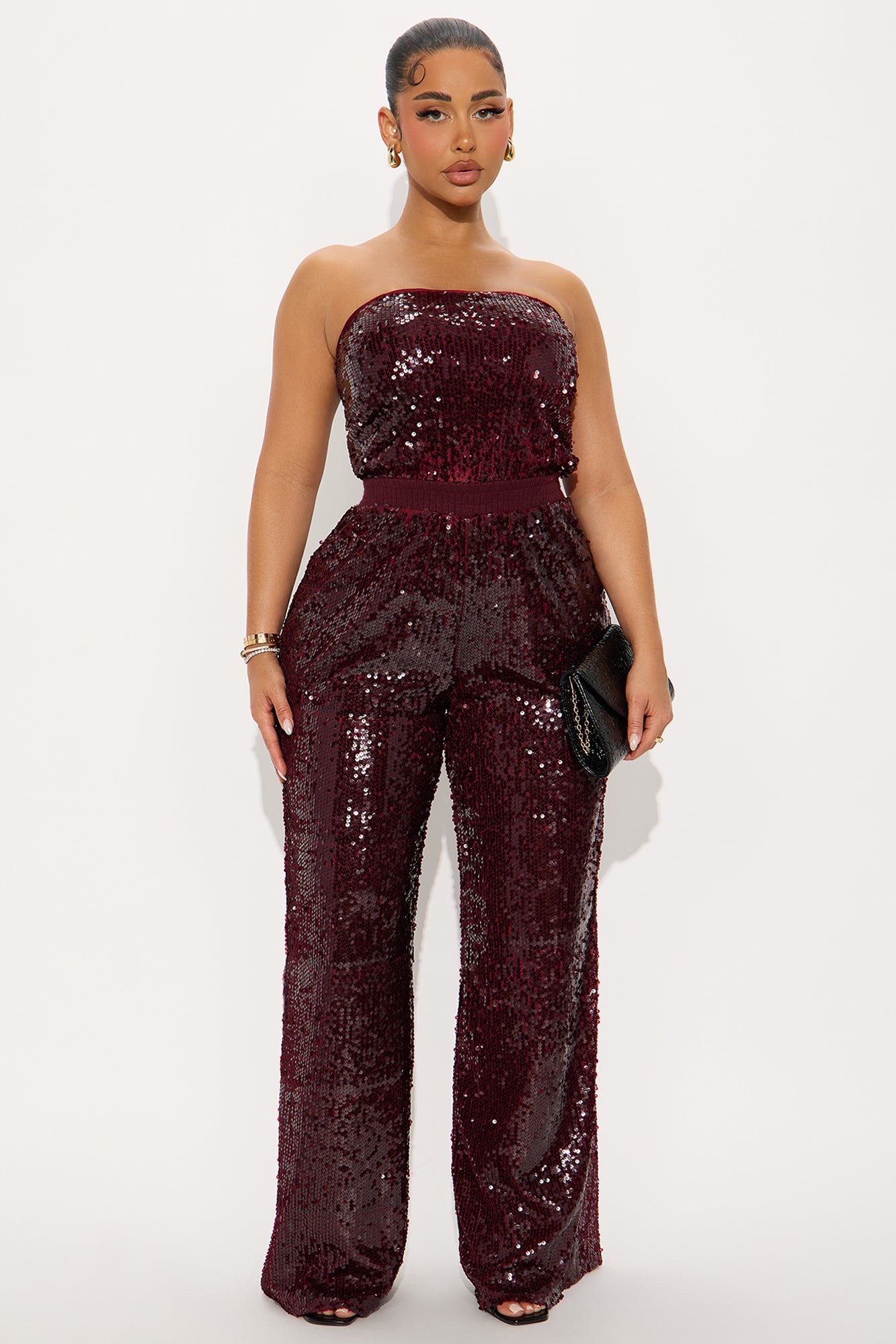 Shiny Nights Sequin Strapless Jumpsuit - Burgundy