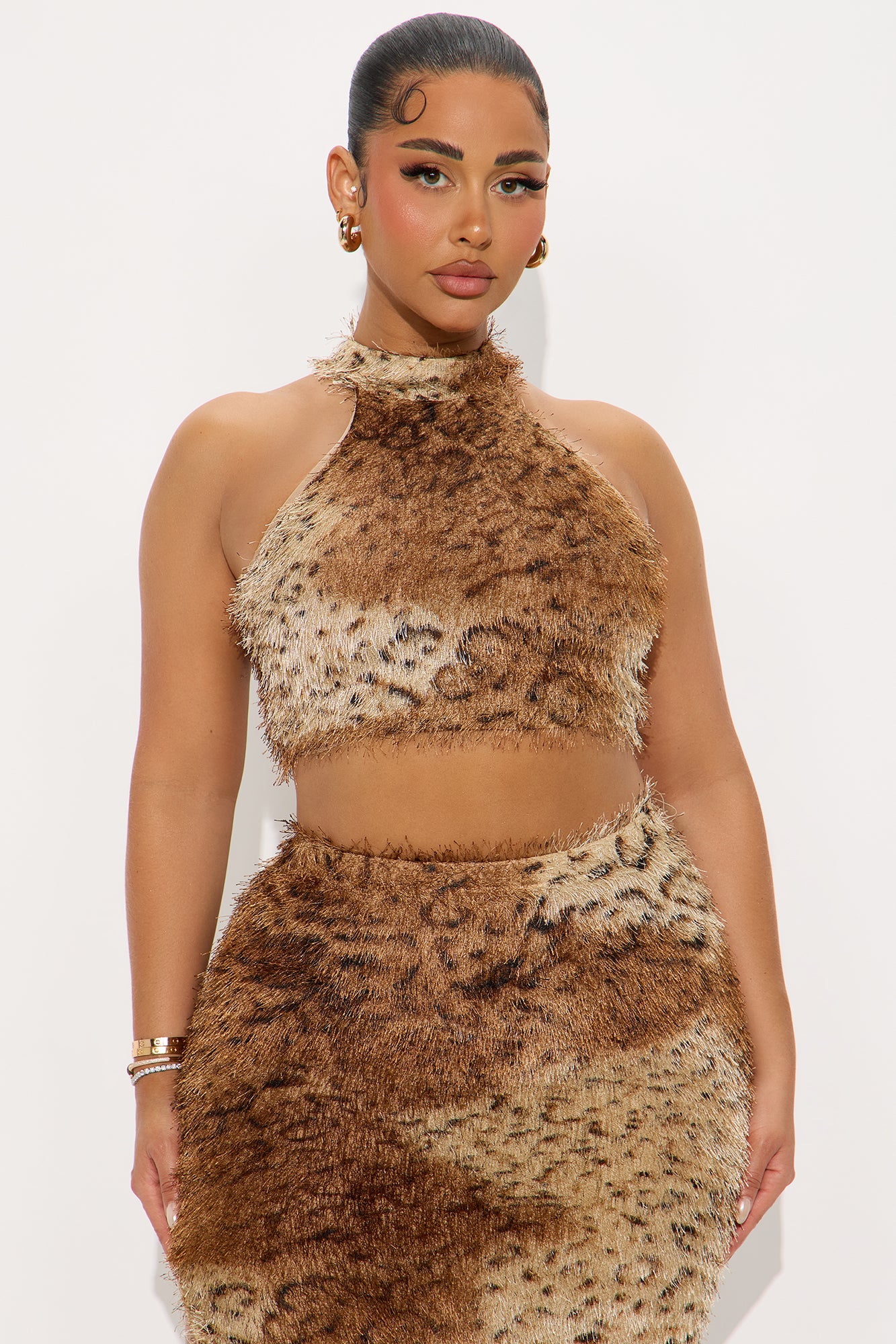 Feel Your Essence Textured Animal Print Halter Maxi Skirt Set - Brown/combo