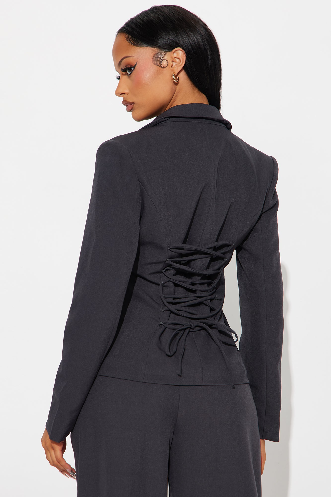 Power Pose Lace Up Fitted Blazer - Charcoal