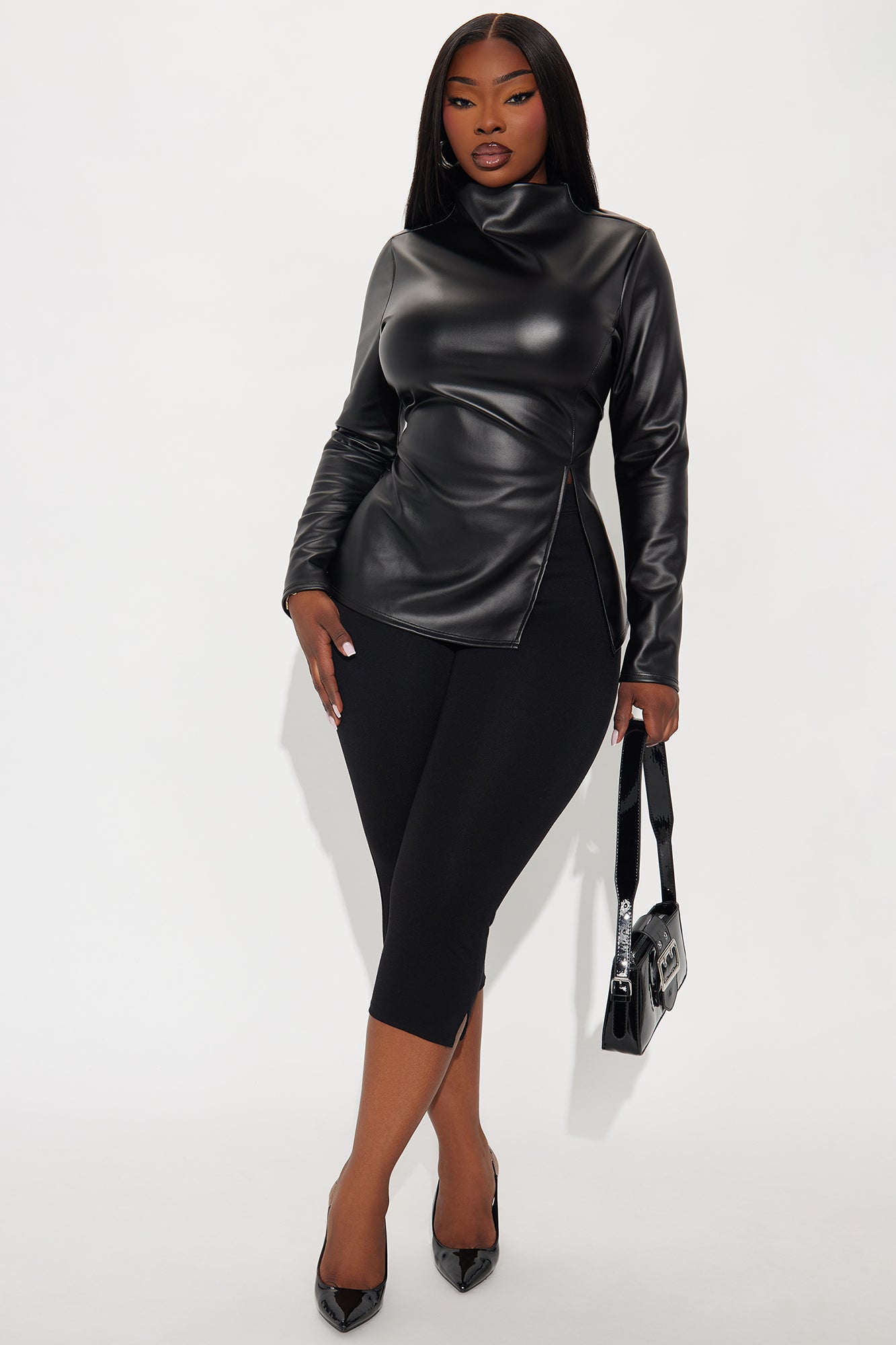 Oak Faux Leather Long Sleeve Top - Black