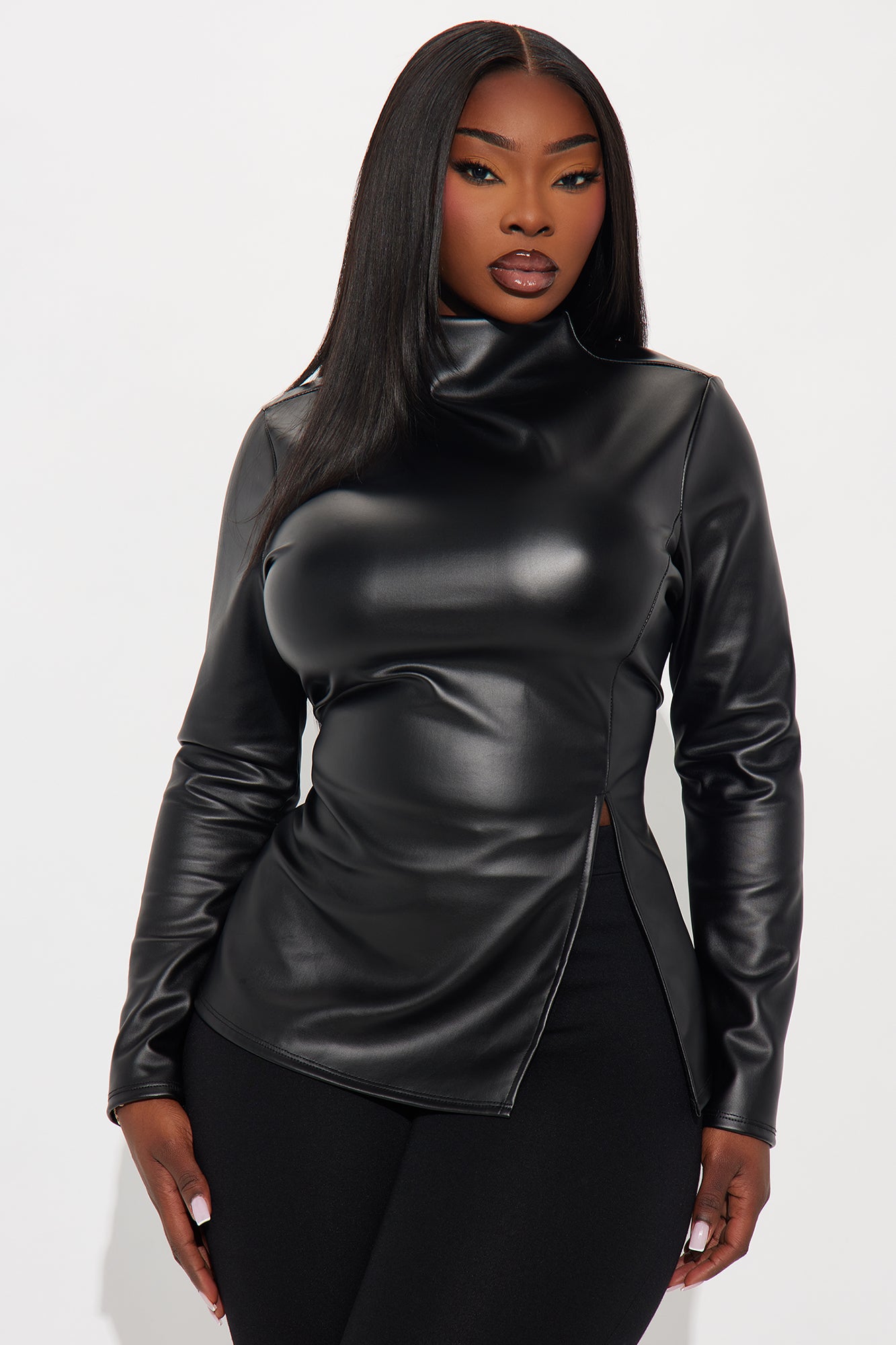 Oak Faux Leather Long Sleeve Top - Black