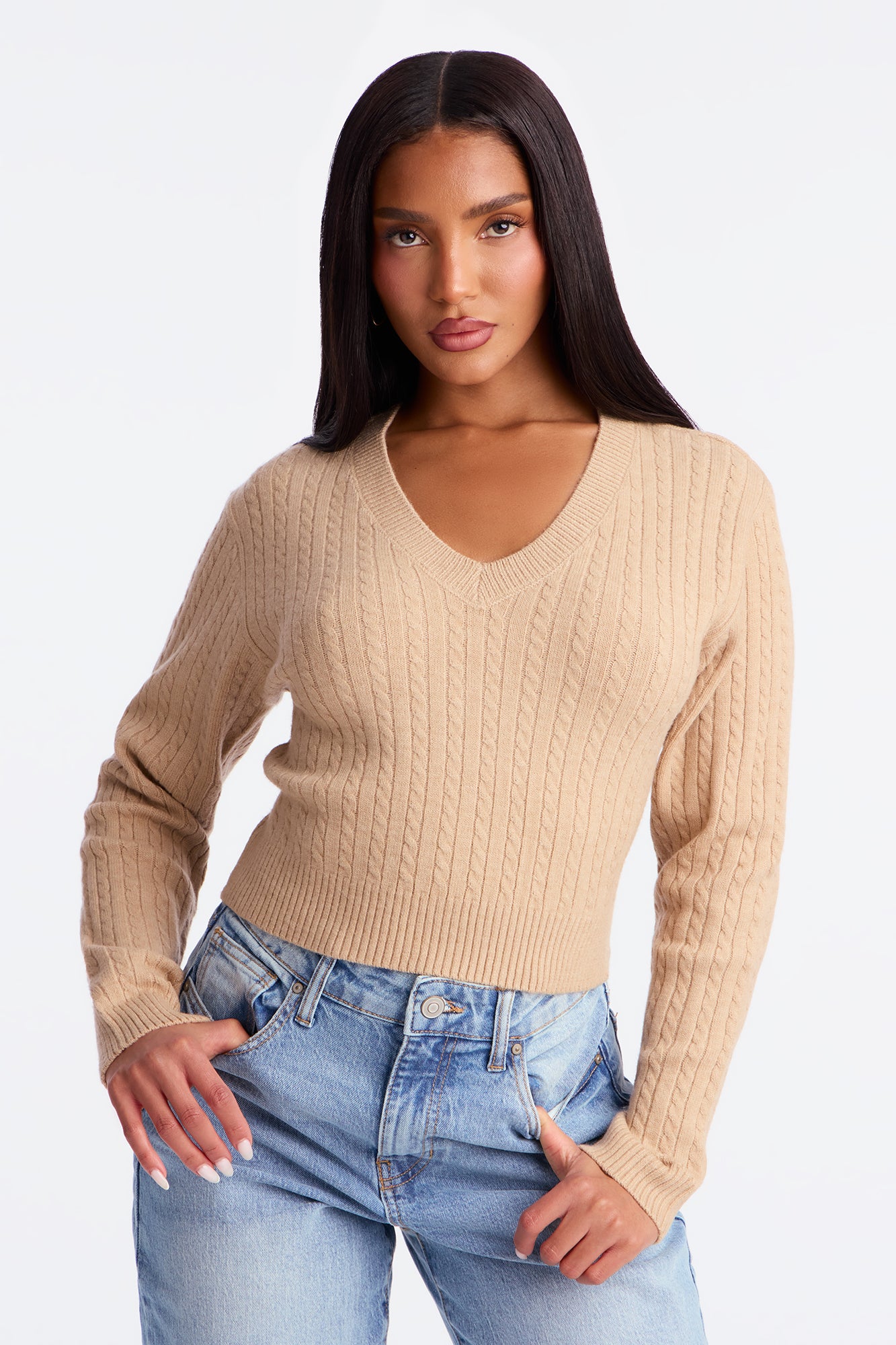 Frosty V Neck Cable Knit Sweater - Khaki
