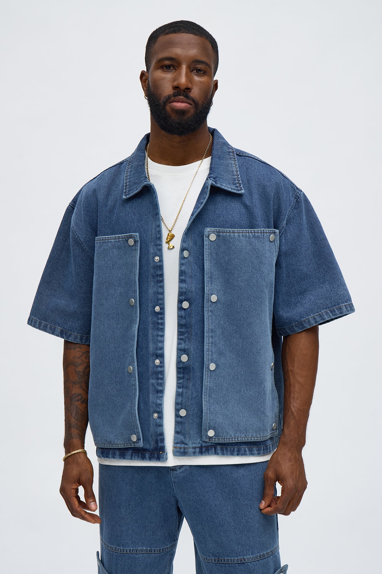 Boxy Utility Snap Panel Button Up Shirt - Dark Wash