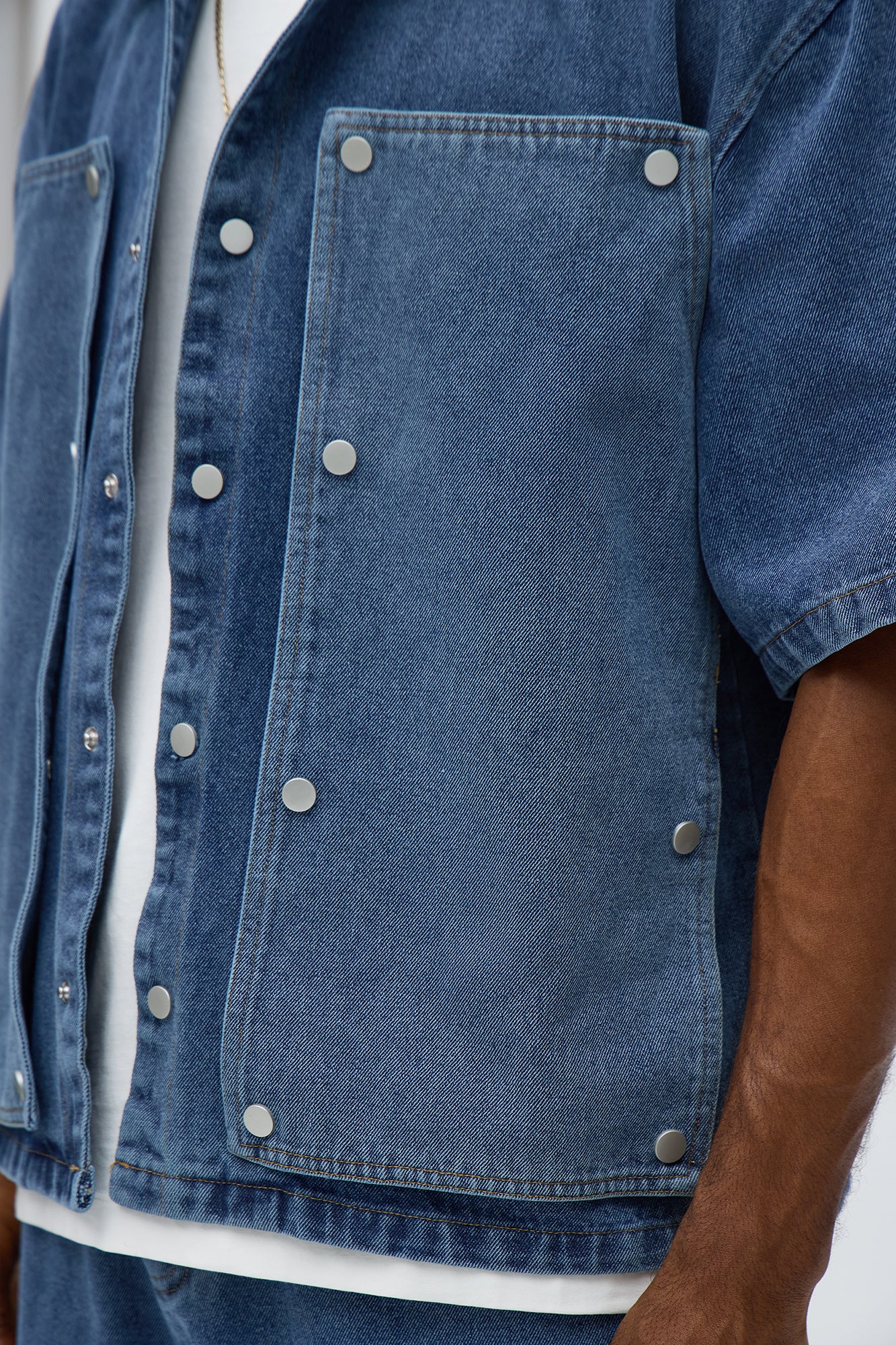 Boxy Utility Snap Panel Button Up Shirt - Dark Wash