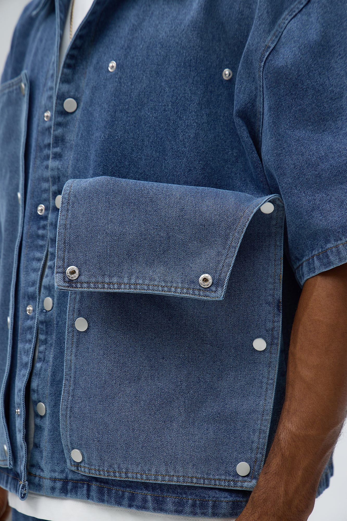 Boxy Utility Snap Panel Button Up Shirt - Dark Wash
