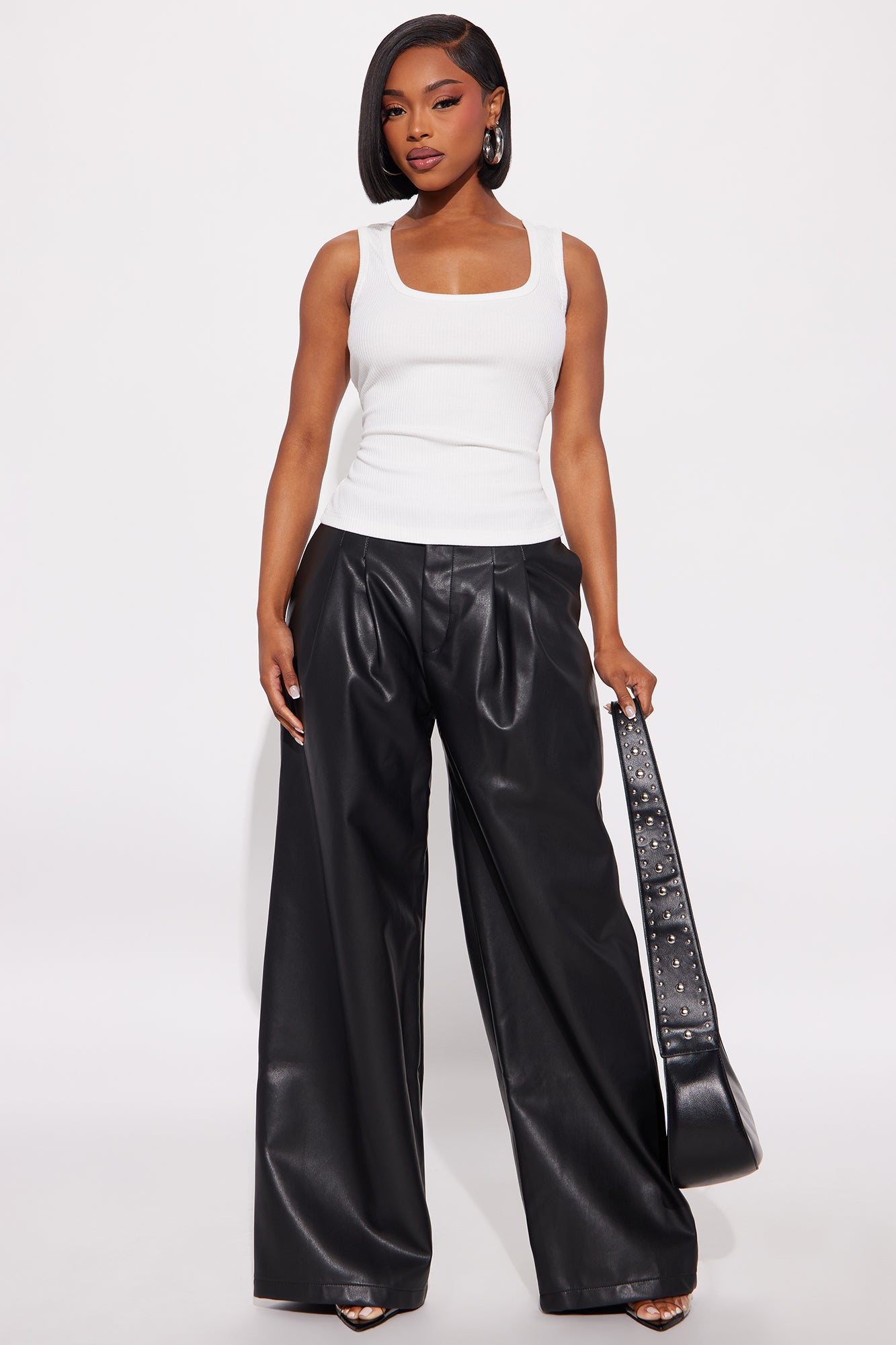 Mave Faux Leather Pleated Wide Leg Pant 32″ - Black