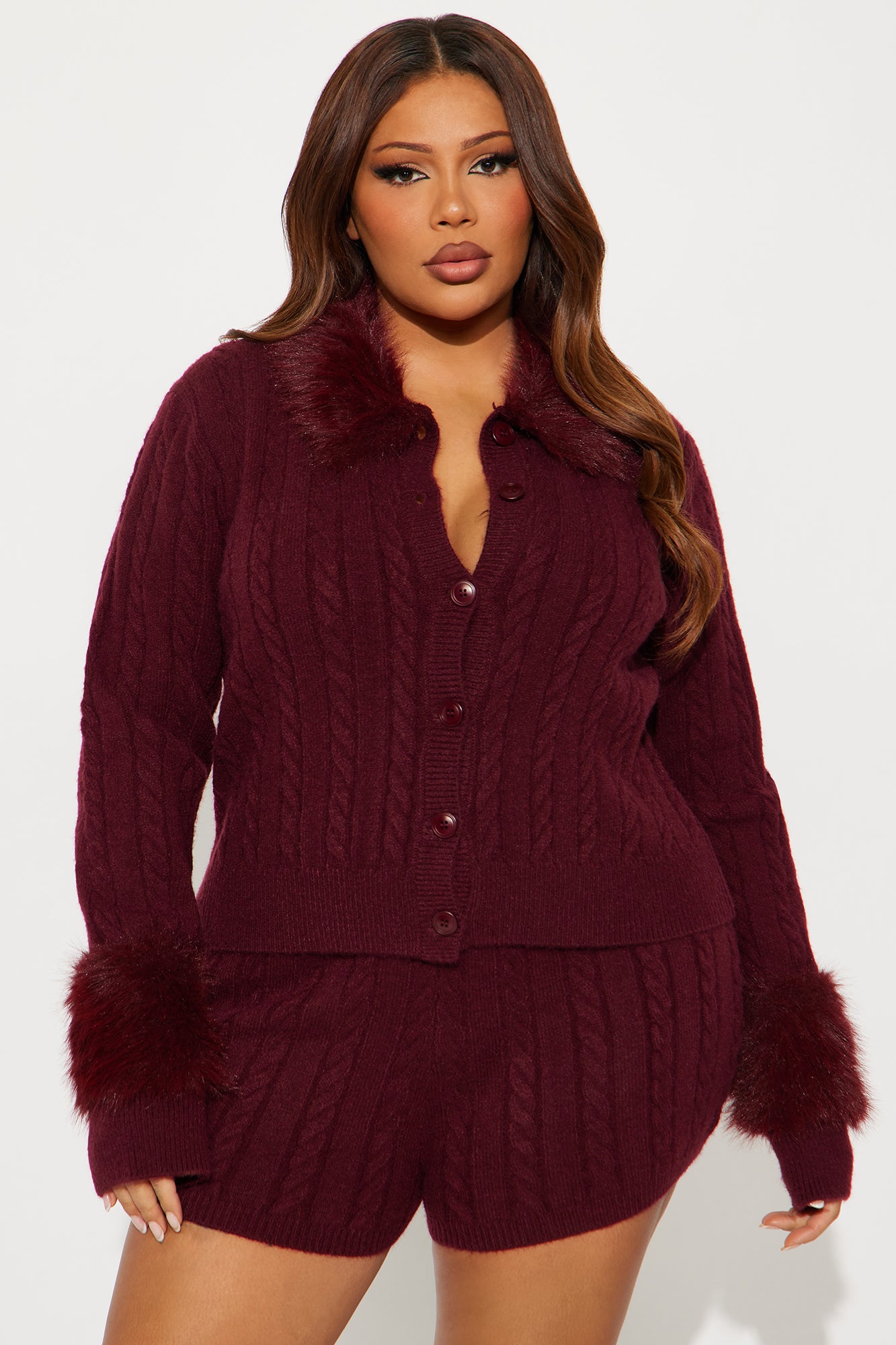 Ravyn Faux Fur Sweater Short Set - Burgundy